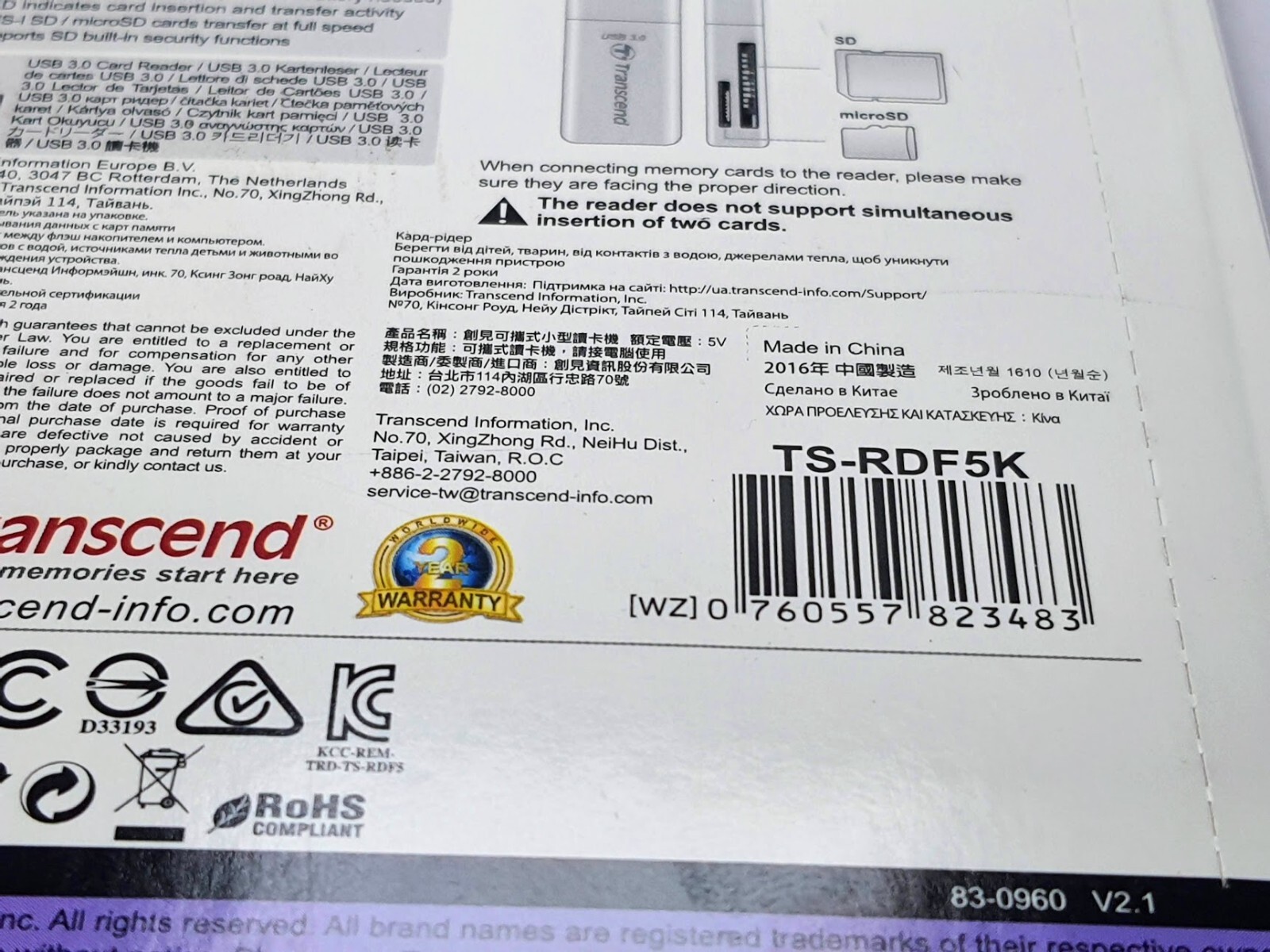 Transcend High-Speed RDF5K USB3.0 SDHC SDXC Micro SDHC Micro SDXC Card Reader SD