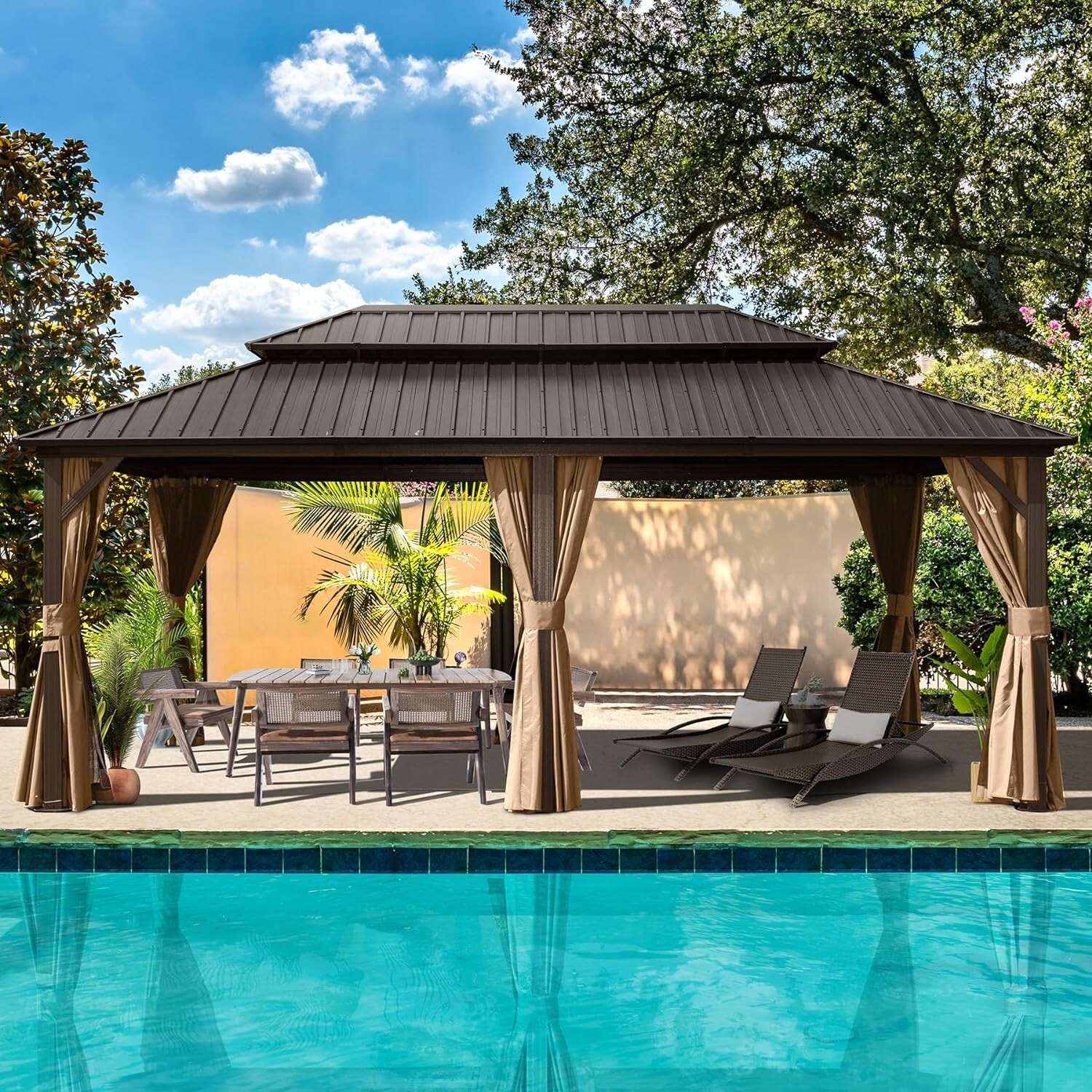 Domi 12’ x 18’ Hardtop Gazebo Outdoor Aluminum Gazebo w/Curtains and Net, Brown