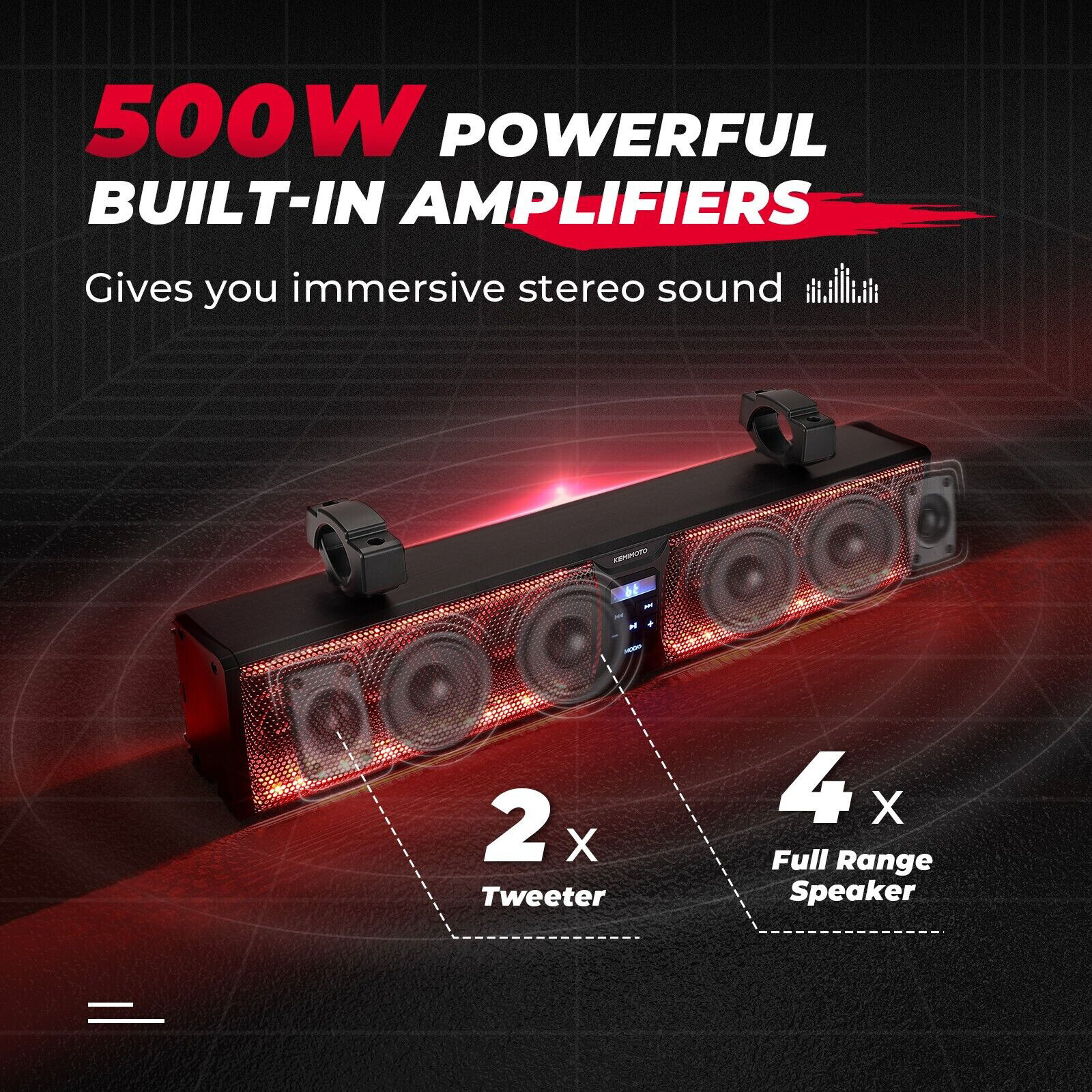 KEMIMOTO 26'' RGB UTV Sound Bar Bluetooth Speaker System for Polaris RZR Can Am