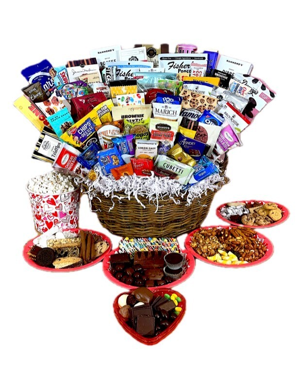 Valentines Day Chocolate Gift Basket filled with assorted chocolates, cookies, s