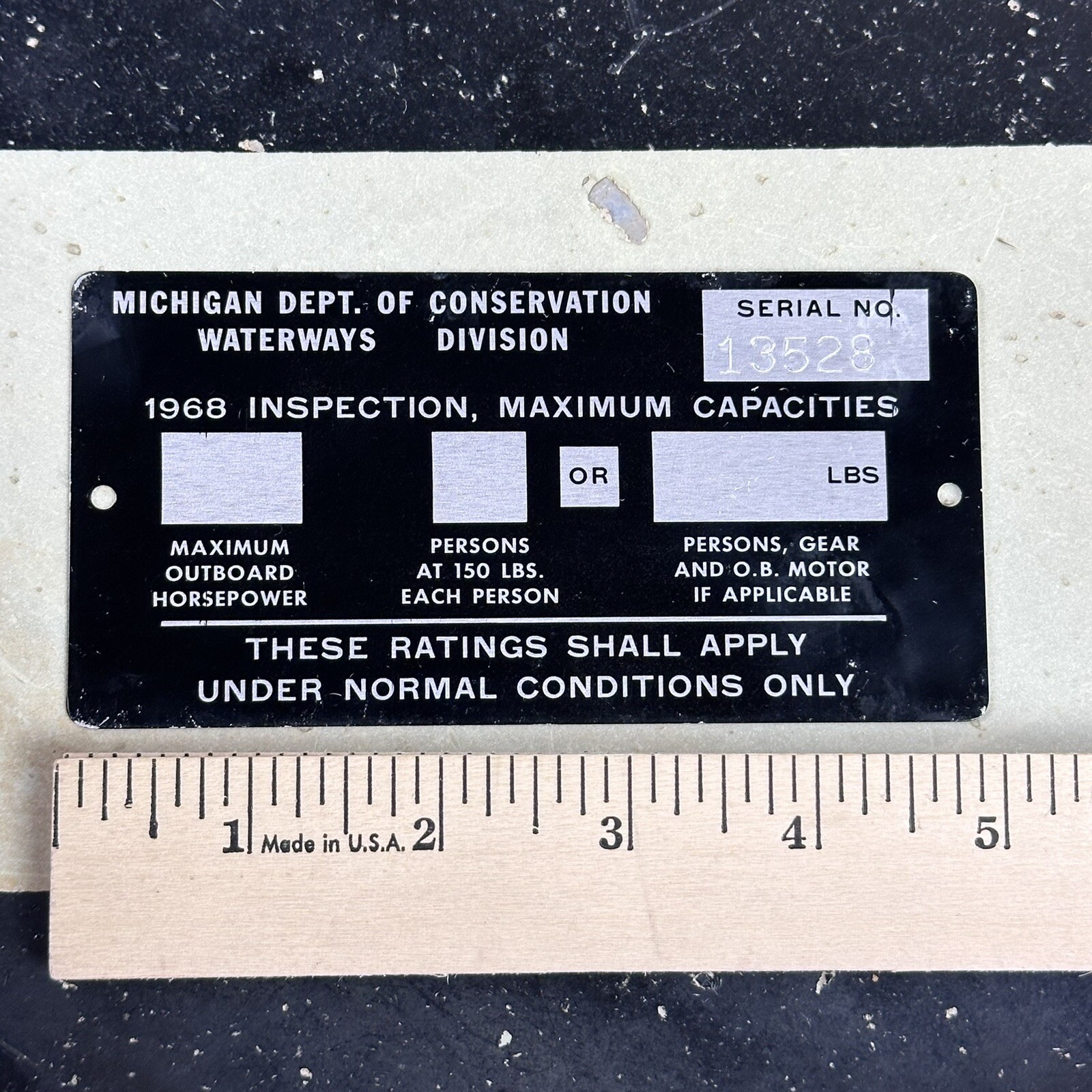 Vintage 1968 Michigan Boat Inspection Tag Metal License Plate Max Passengers Sig