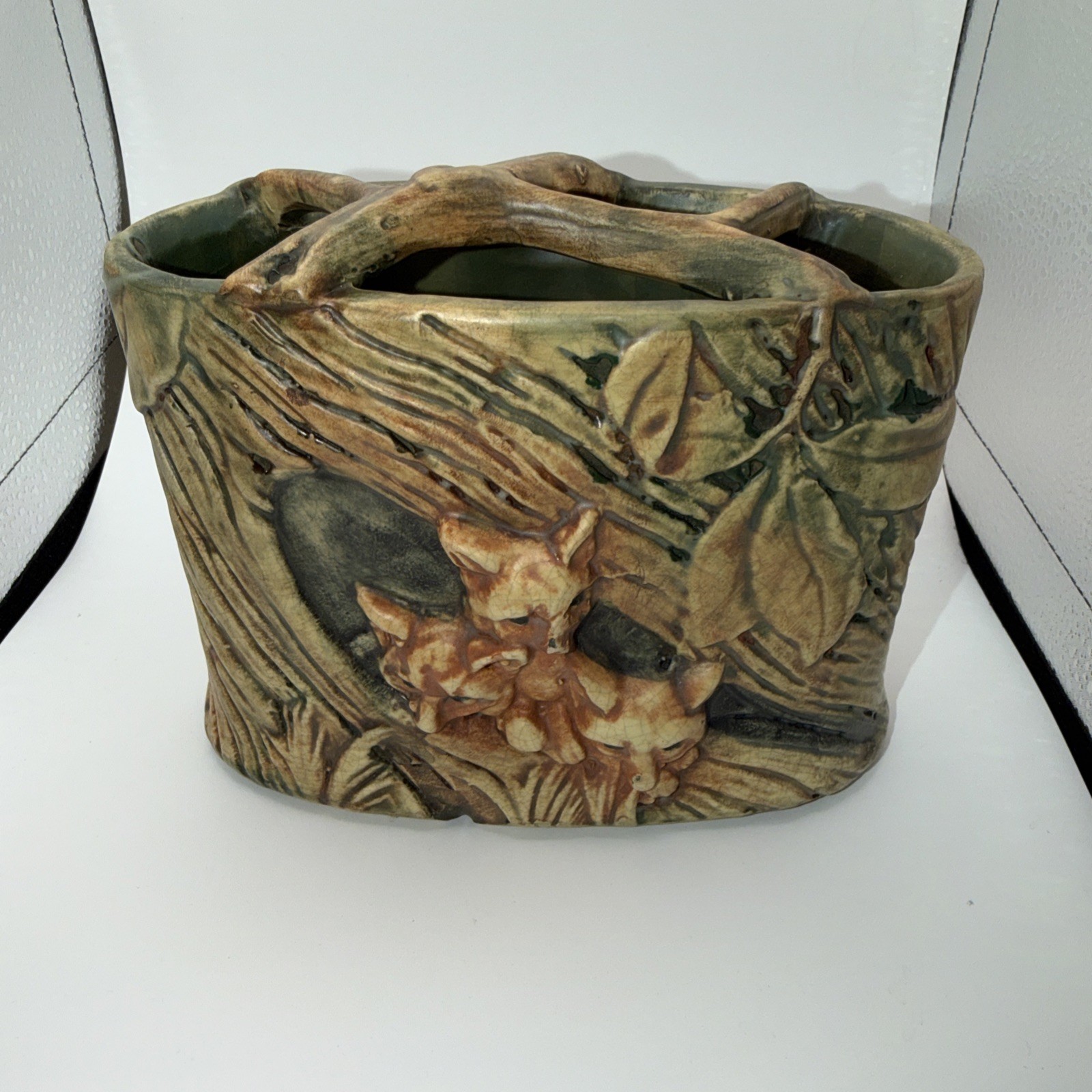 Weller Pottery Woodcraft Three Fox in A Log Planter, 1920s, Nice Condition