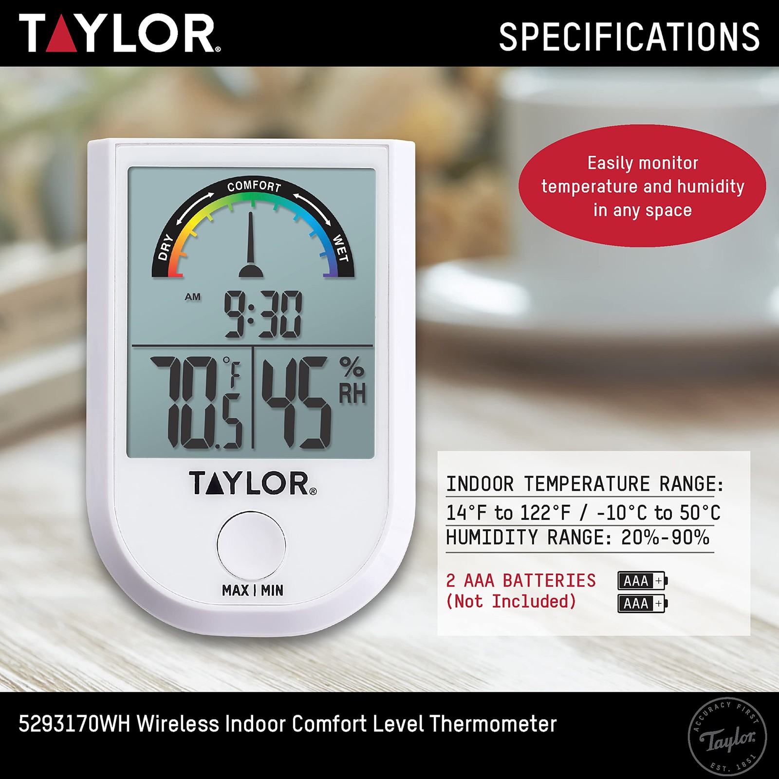 Taylor Digital Wireless Indoor Comfort Level Single Display, White