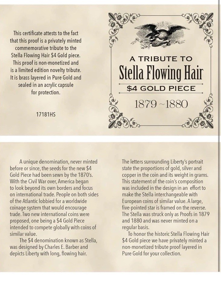 American Coin Treasures 1879 P Stella Flowing Hair Gold Piece $4 #5