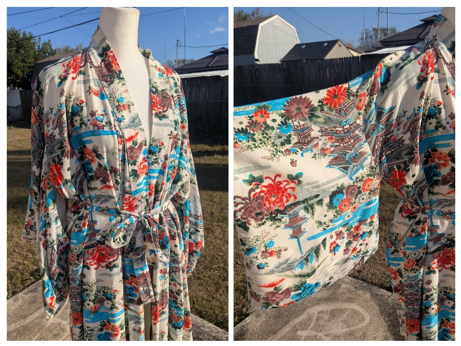 VTG Fashion Mart Belted Kimono w/ Flowers, Bridges and Japanese Houses