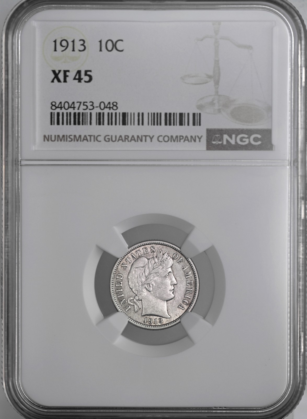 1913-P  10C BARBER SILVER DIME  "PHILADELPHIA"  NGC XF45  #8404753-048