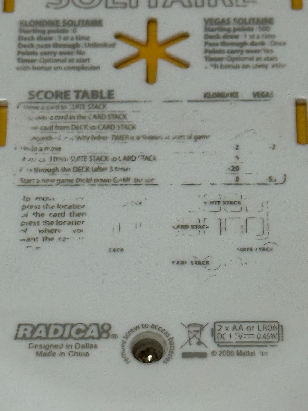 Radica Big Screen Solitaire Backlit Handheld Game Yellow 2008 Tested