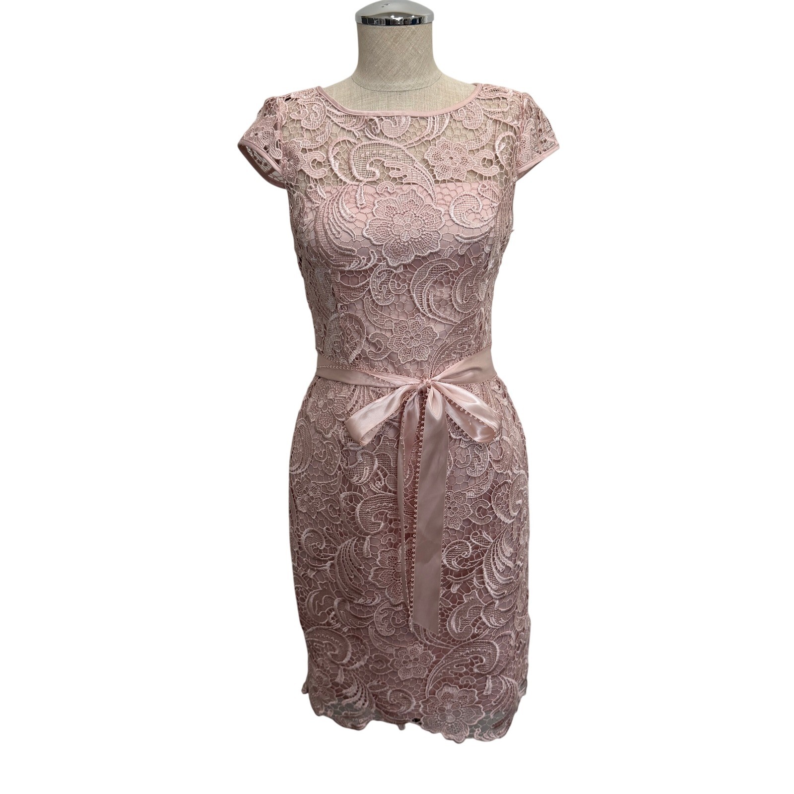 Adrianna Papell 2 Lace Cap Sleeve Illusion Sheath Dress Knee Length Scallop Hem