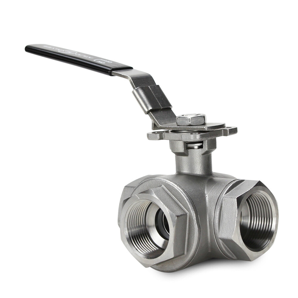 1-1/4" 3-Way T-Port Ball Valve, Stainless Steel, NPT Threaded, 1000PSI