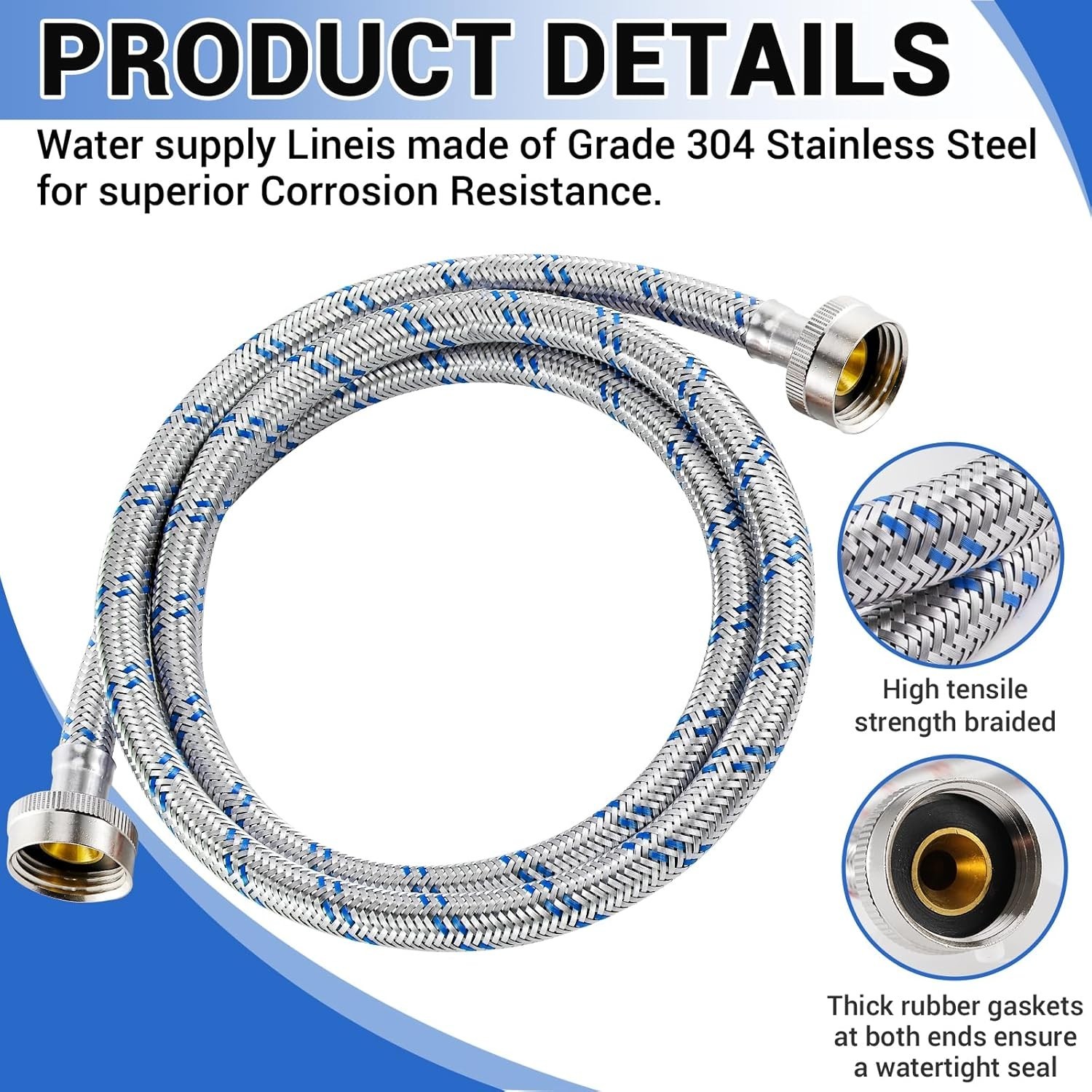 4 Ft Washing Machine Hoses, 2 Packs Premium Stainless Steel Washer Hoses Burst