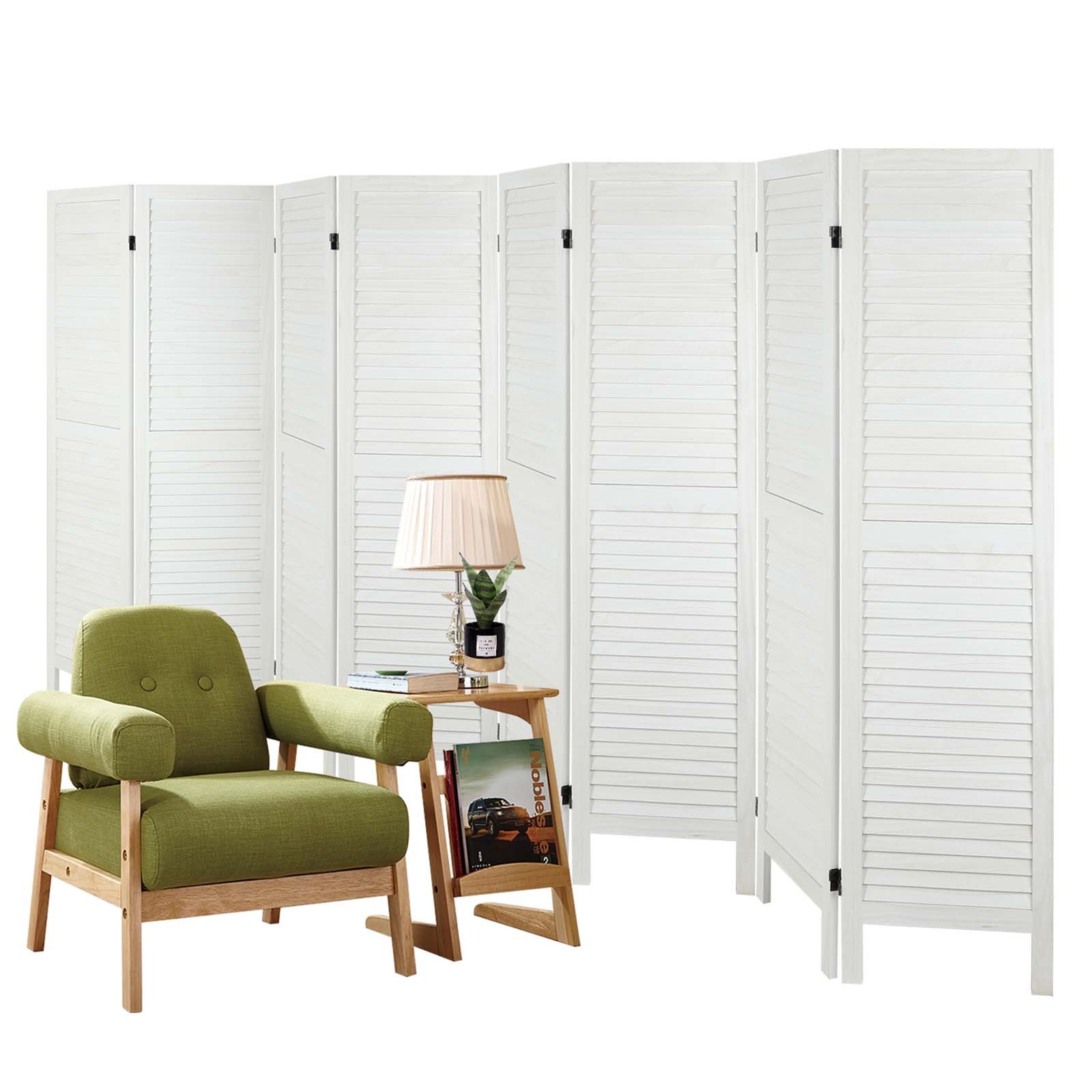 8 Panel Wood Room Divider Folding Privacy Screen Louvered Partition Wall White