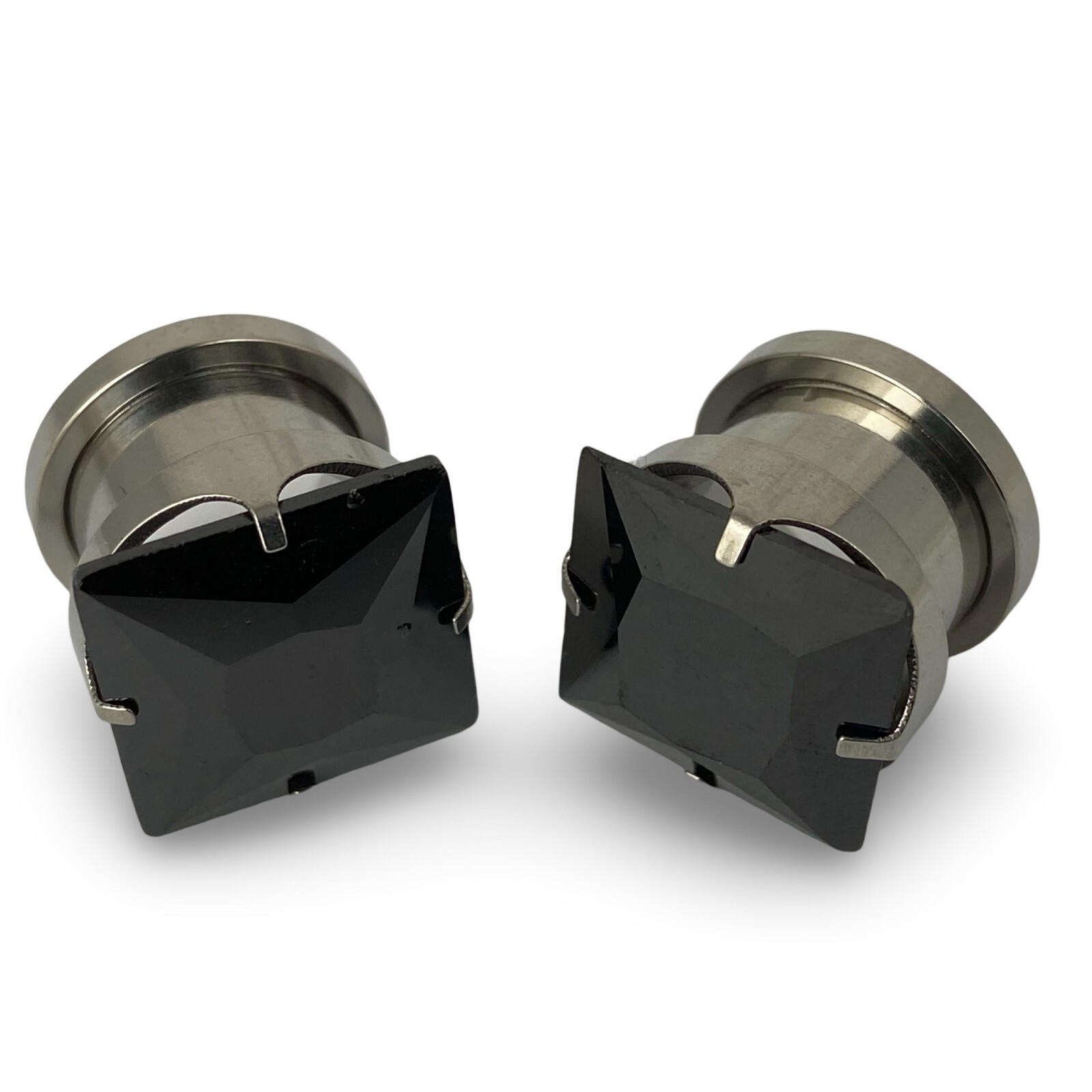 Pair of Prong Set 316L Steel with Black Square CZ Screw on Plugs gauges