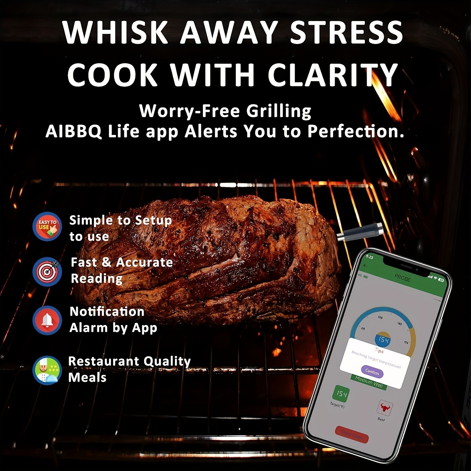 Wireless Smart Meat Thermometer - APP-Controlled for Grilling & Precise Cooking