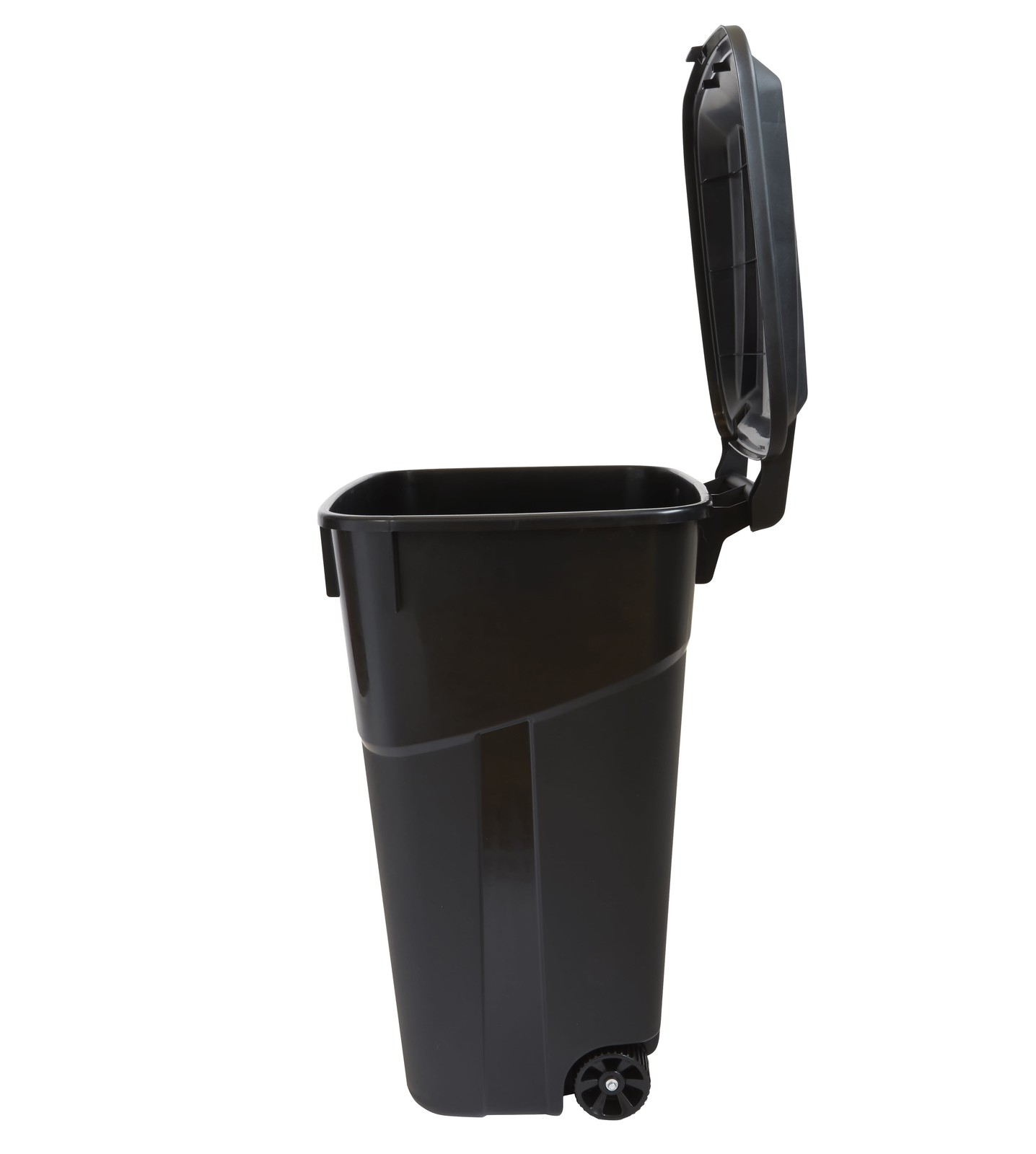 32 Gallon Wheeled Heavy Duty Plastic Garbage Can, Attached Lid, Black
