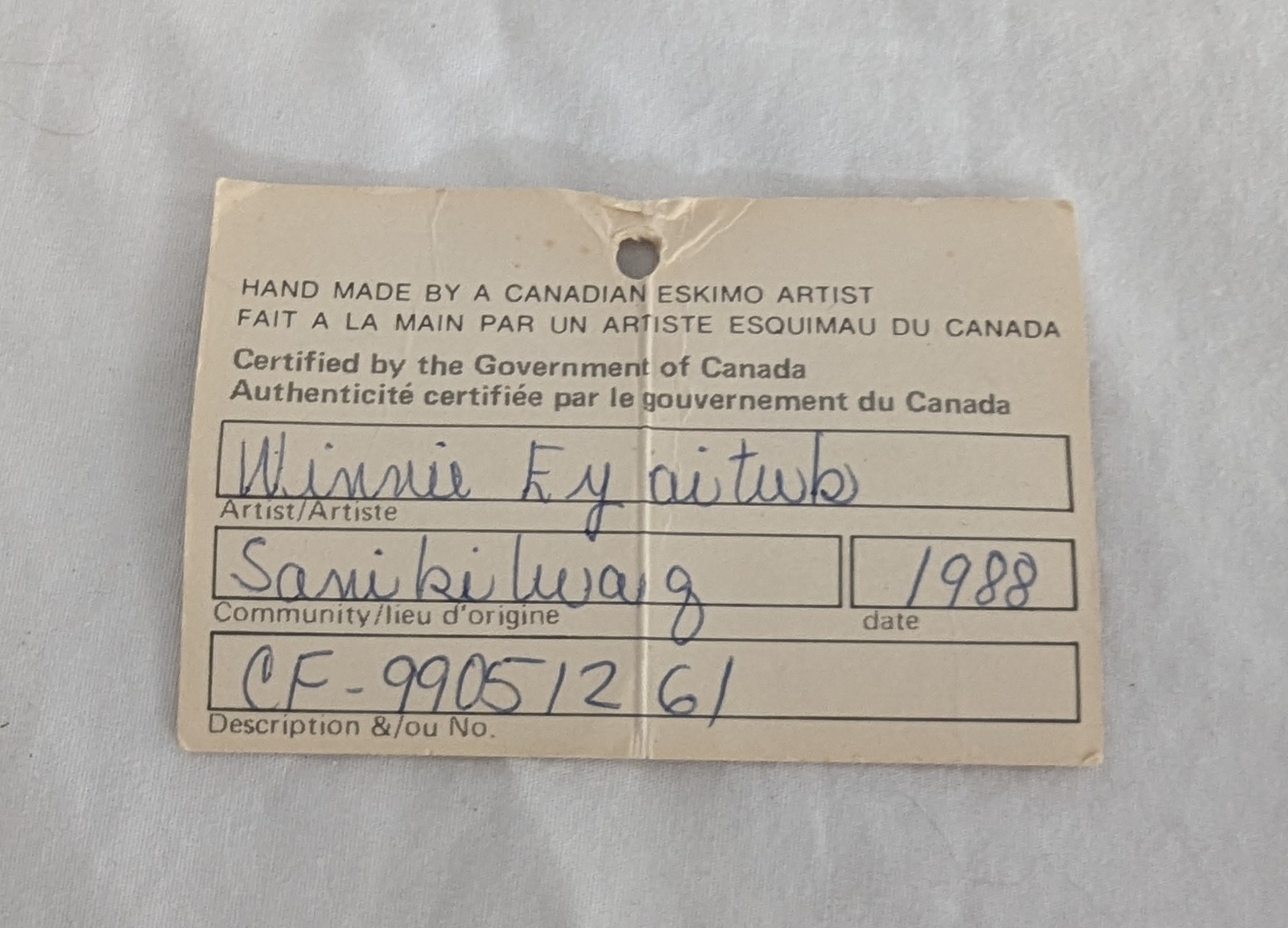 WINNIE EYAITUK Inuit Eskimo GREEN Soapstone BIRD Carving Canada 1988