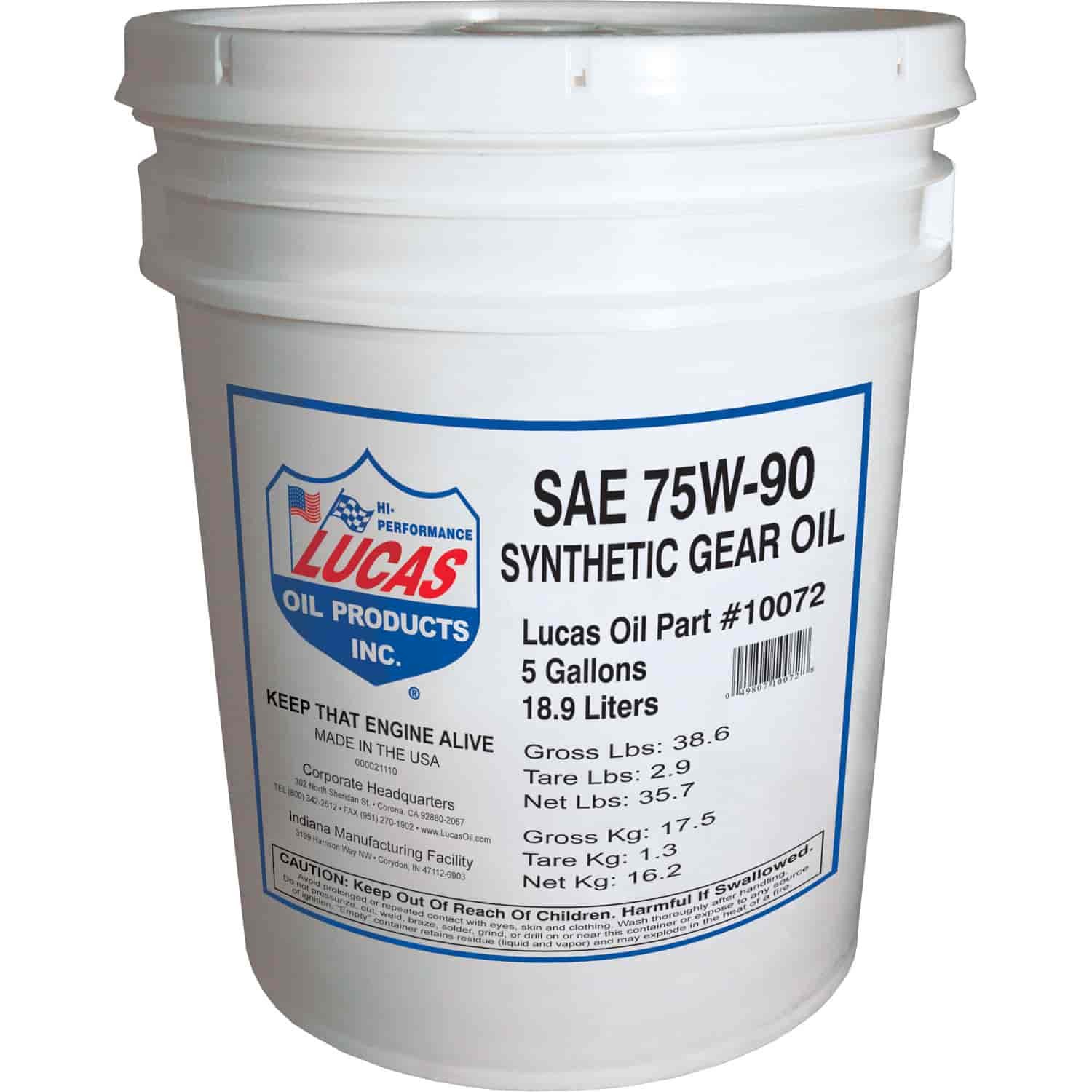 Lucas Oil 10072 Synthetic SAE 75W-90 Trans/Diff Lube 5-Gallon Pail