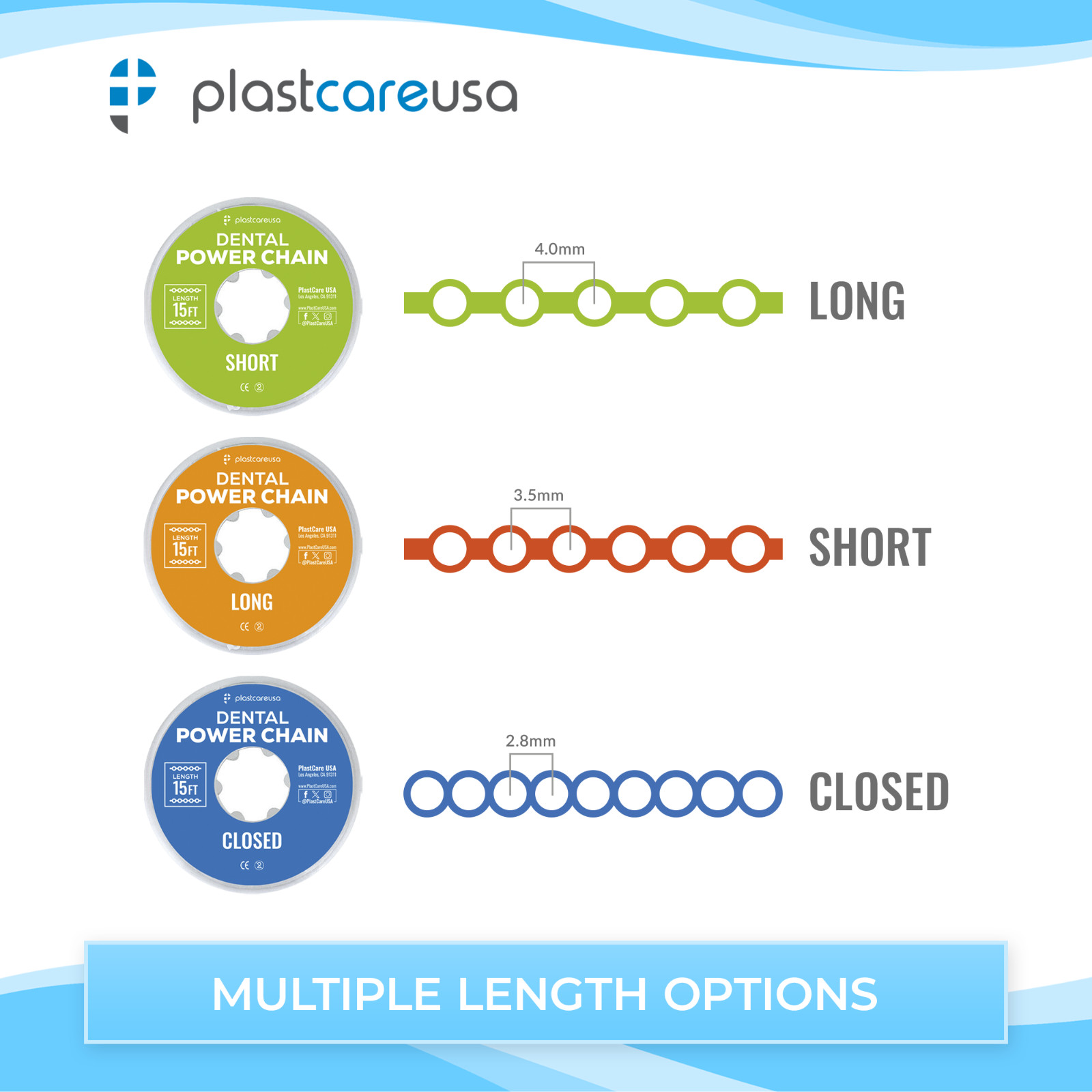 Orthodontic Dental Power Chain for Braces – 15 ft, Short, Long, Closed Elastic