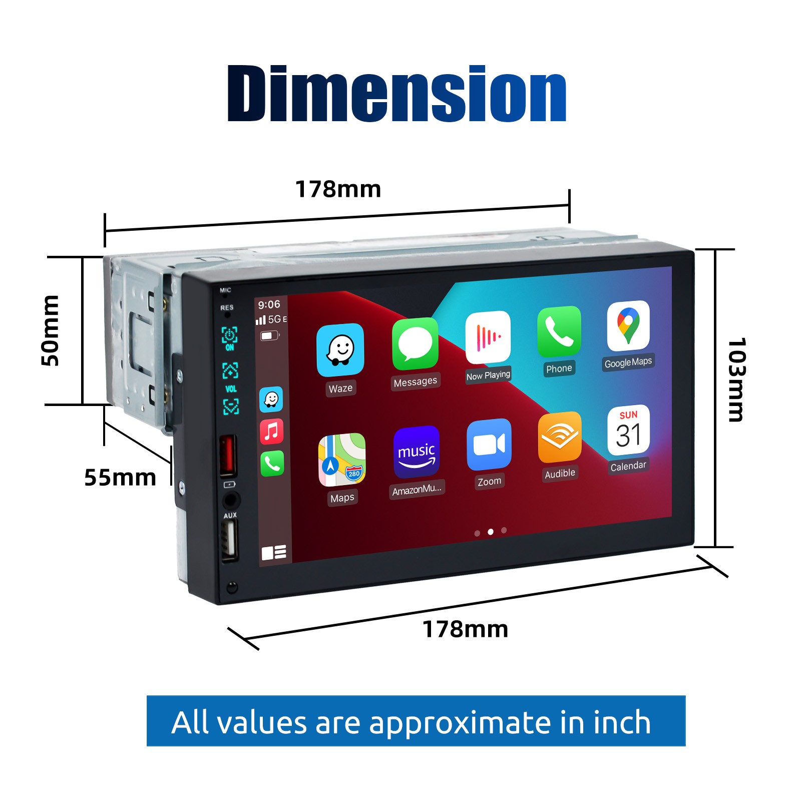 Single 1 Din Car Stereo Apple CarPlay 7" Touchscreen Bluetooth Radio SWC USB FM