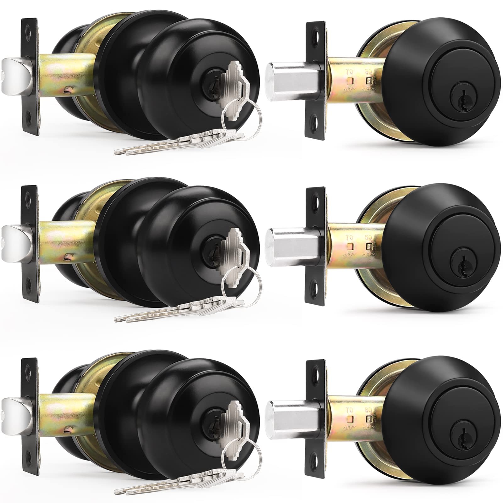 Entry Door Knob Deadbolt Combo Single Cylinder Keyed Alike Flat Black 3 Pack