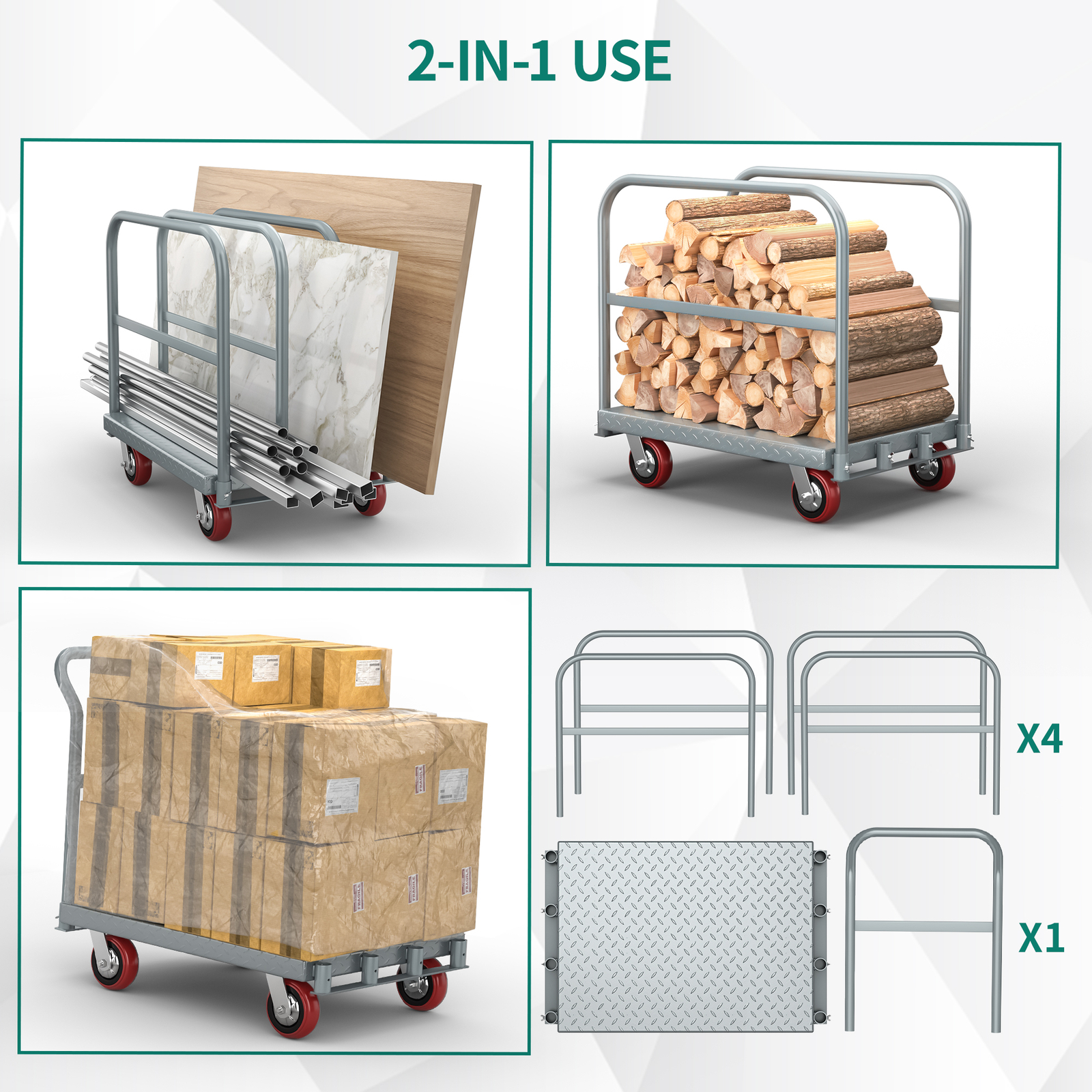 2-in-1 Heavy Duty Platform Truck Cart Steel Panel Truck Cart w/ 4 Side Handrails