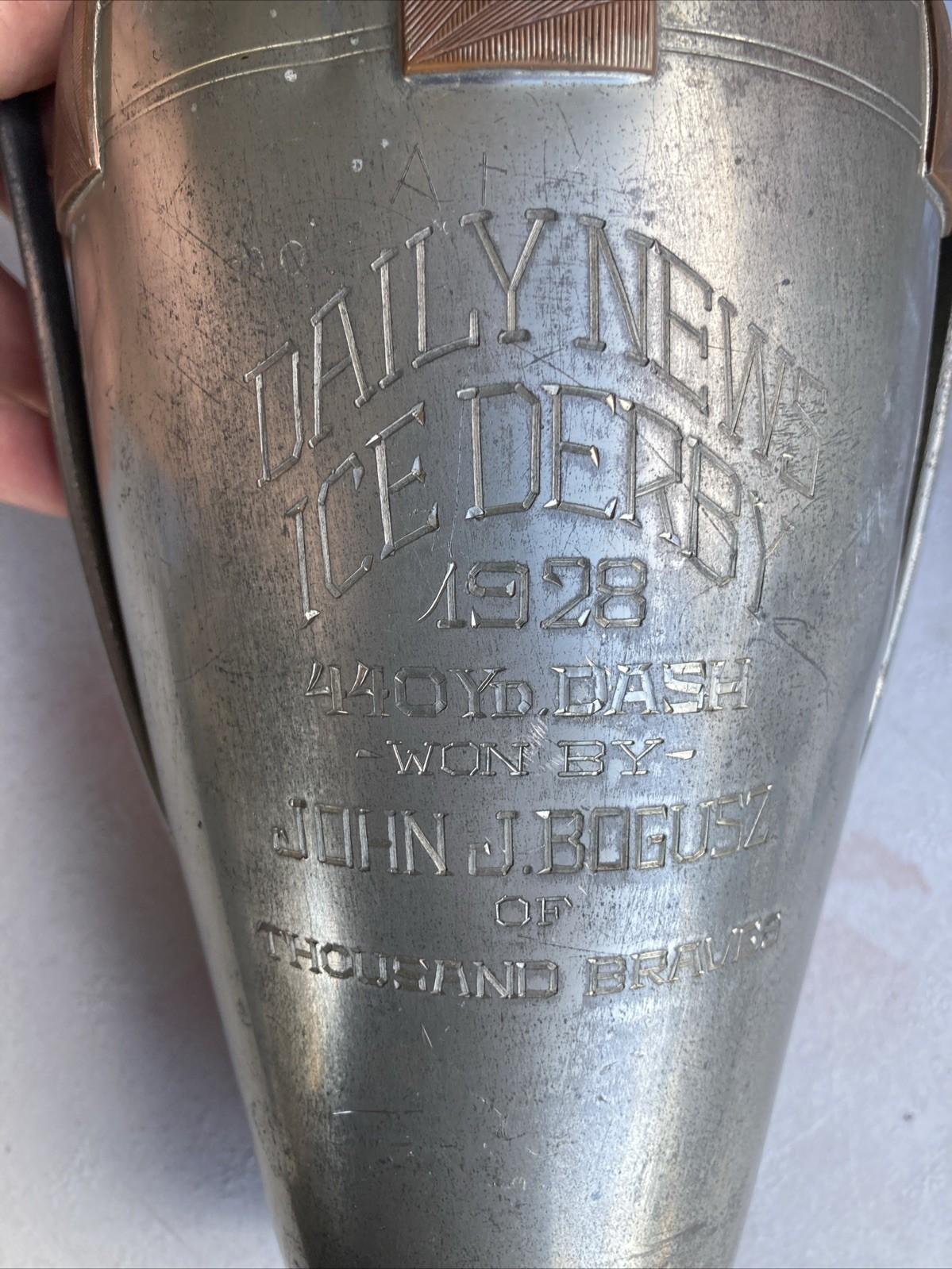 Antique 1928 Daily News Ice Derby Cup Trophy 10” Pewter Wallace Bros Silver Co.