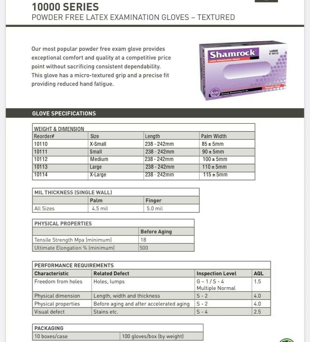 Shamrock Powder Free Textured Latex Gloves - Size Large Case pack of 1000 Gloves