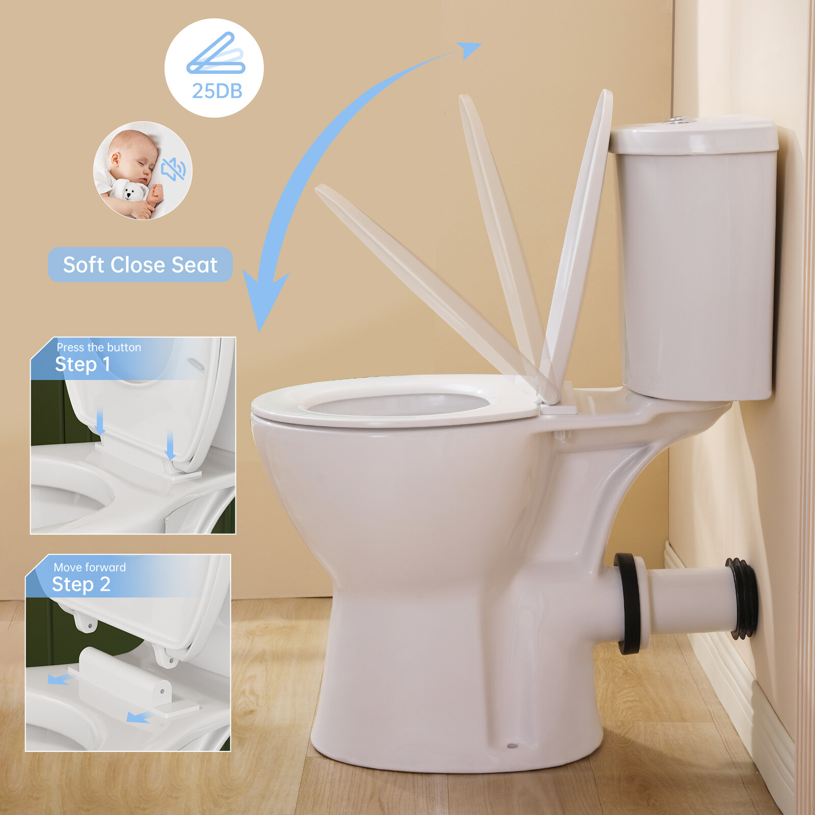 19" High Rear Outlet Toilet Dual Flush Round for Seniors Handicap Tall Users
