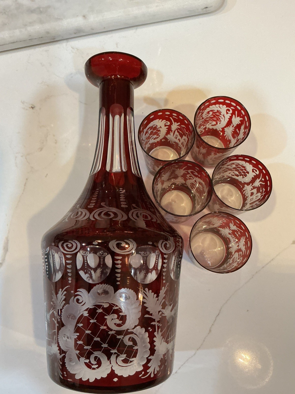 6PC EGERMANN CUT TO CLEAR RUBY WHISKEY DECANTER SET NO STOPPER- PRISTINE