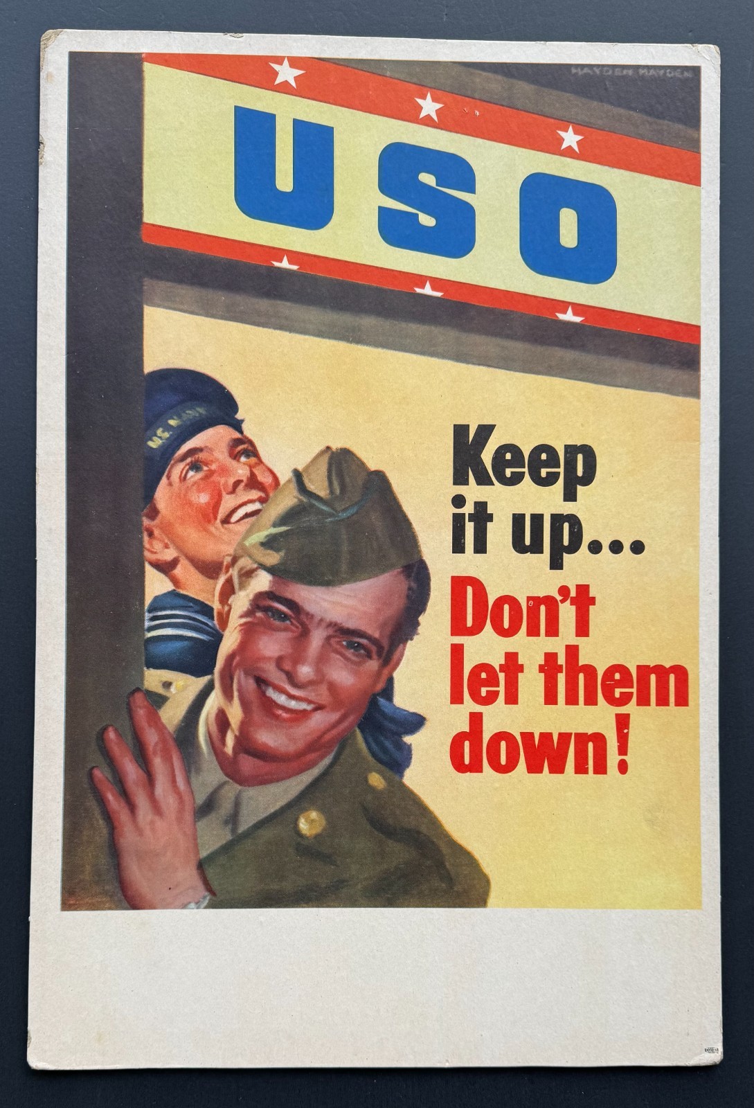 Original Vintage WWII USO Tag Board Poster Keep It Up Don't Let Them Down 21x14