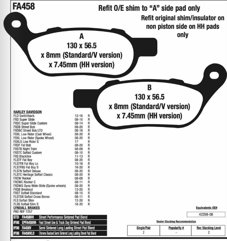 EBC FA458HH Sintered Brake Pads 1 Set for REAR DYNA & SOFTAIL 2008-2017