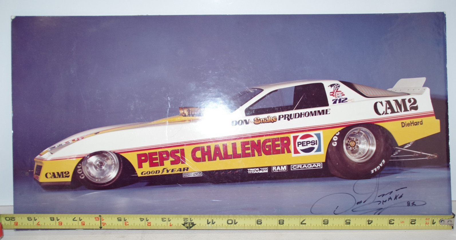 AUTOGRAPHED DON THE SNAKE PRUDHOMME NHRA FUNNY CAR PHOTO LARGE 20X10 ON BOARD