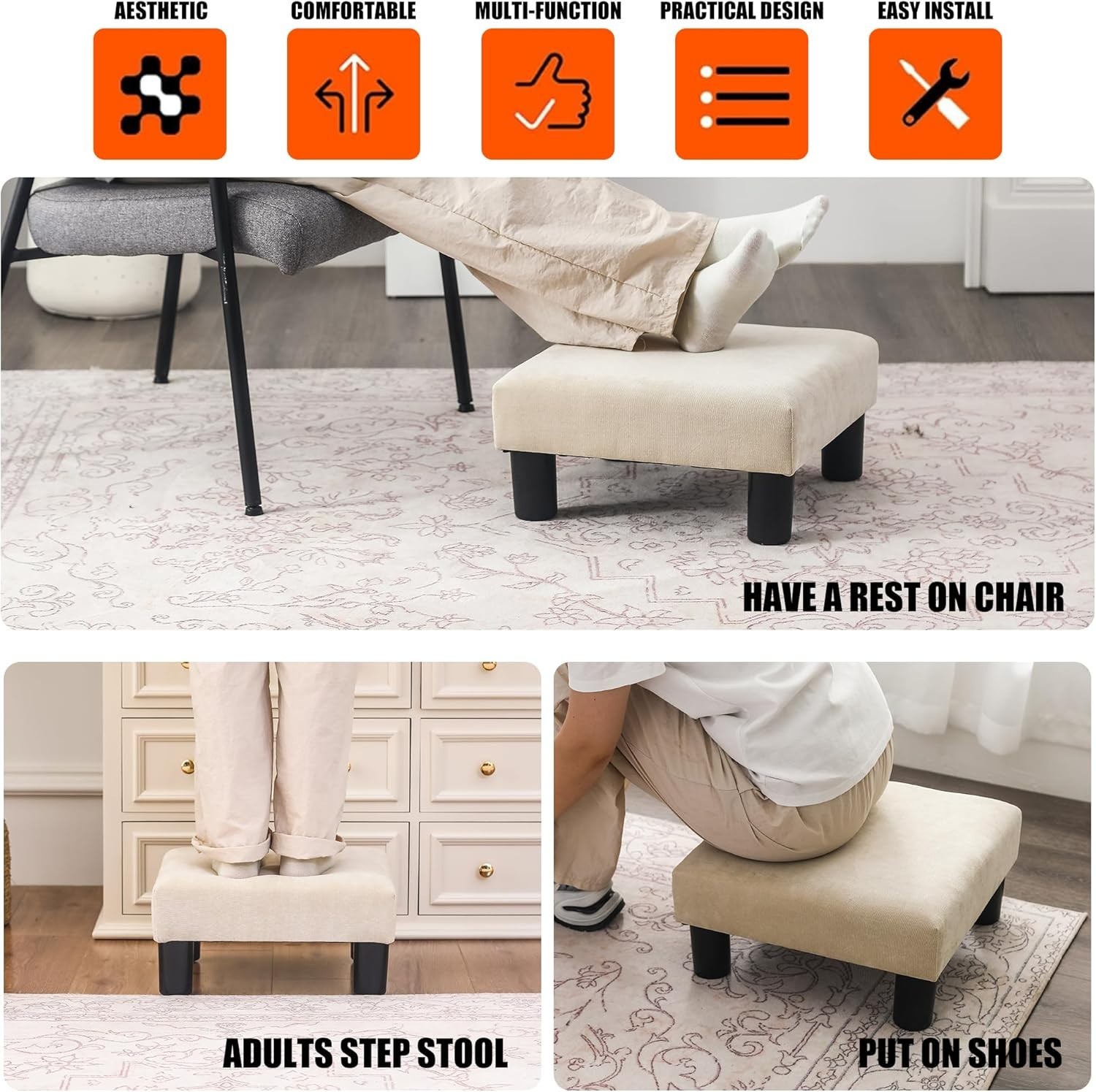 Compact Square Fabric Footstool Ottoman 15" Wheat Mid-Century Modern Desk Accent