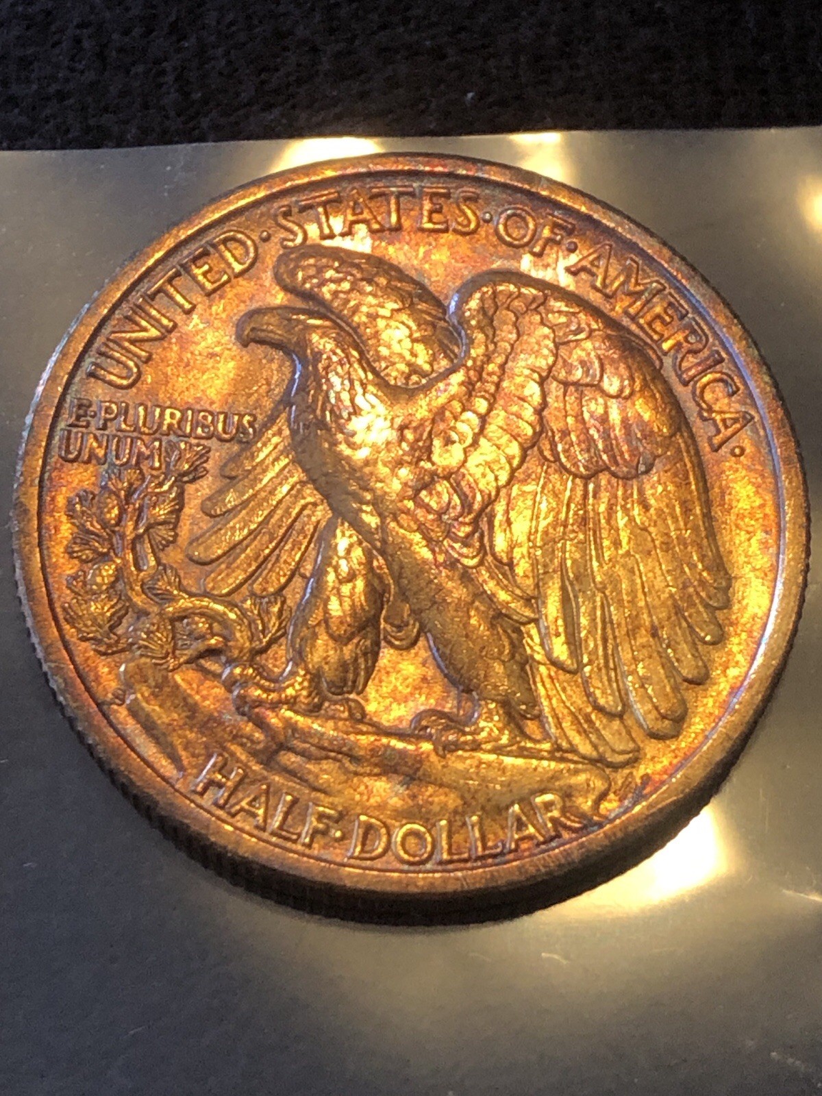1945 W Walking Liberty Half Dollar Rainbow Toned BU