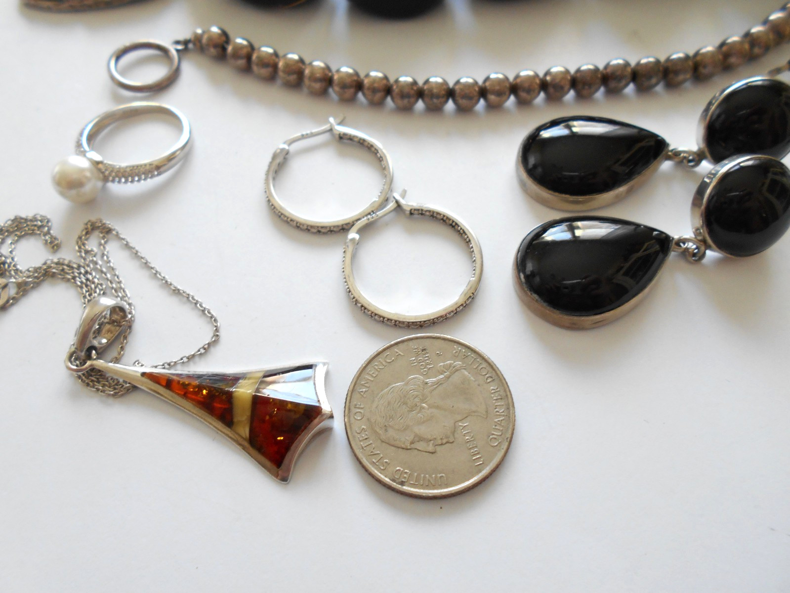 Lot of 7 Pieces Sterling Silver Onyx Amber Jewelry Lot #6 194 Grams