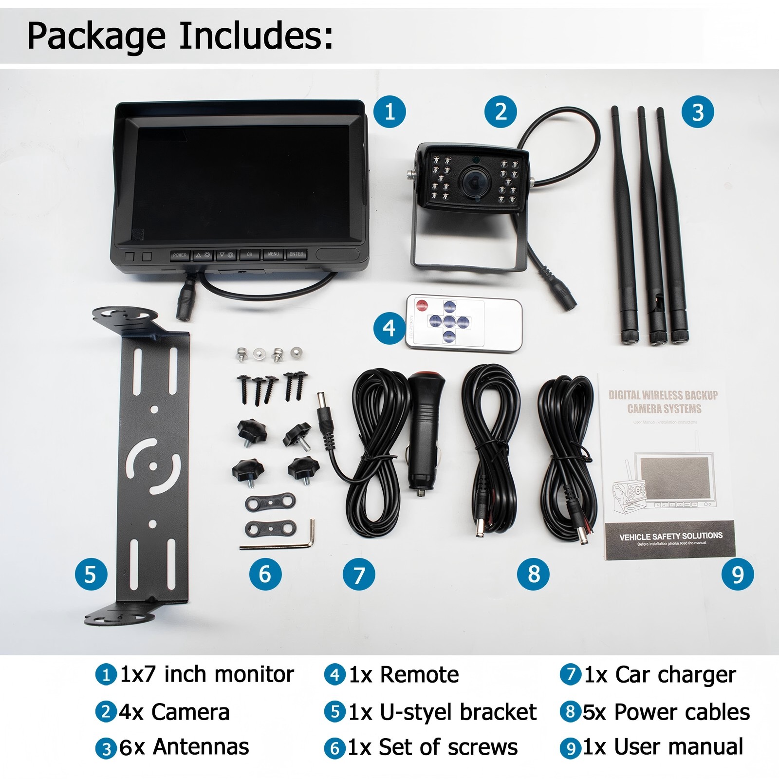 Wireless RV 4x 1080P Rear Side View Camera + 7" Monitor DVR Kit Truck Trailer