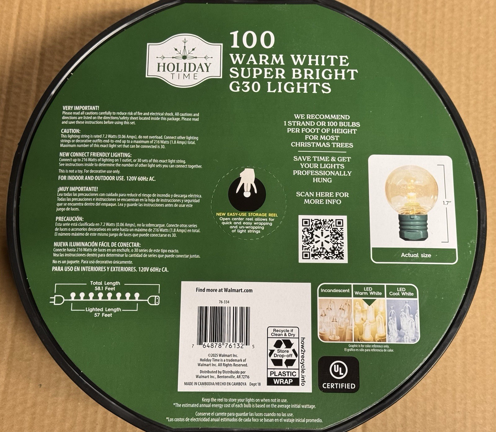 NEW 2025! HOLIDAY TIME 100 WARM WHITE LED Super Bright G30 Lights GRN Wire 58.1'