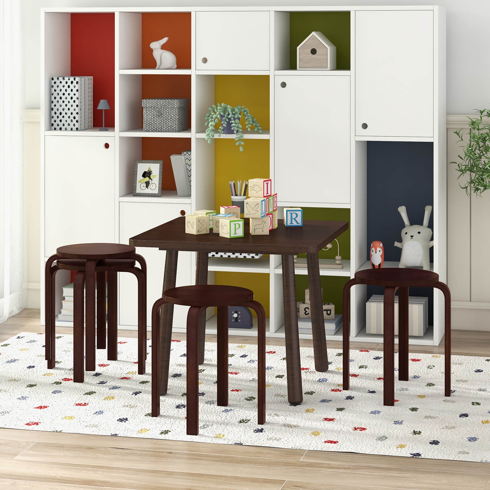 Set of 4 18" Stacking Stool Round Dining Chair Backless Wood Home Decor Brown