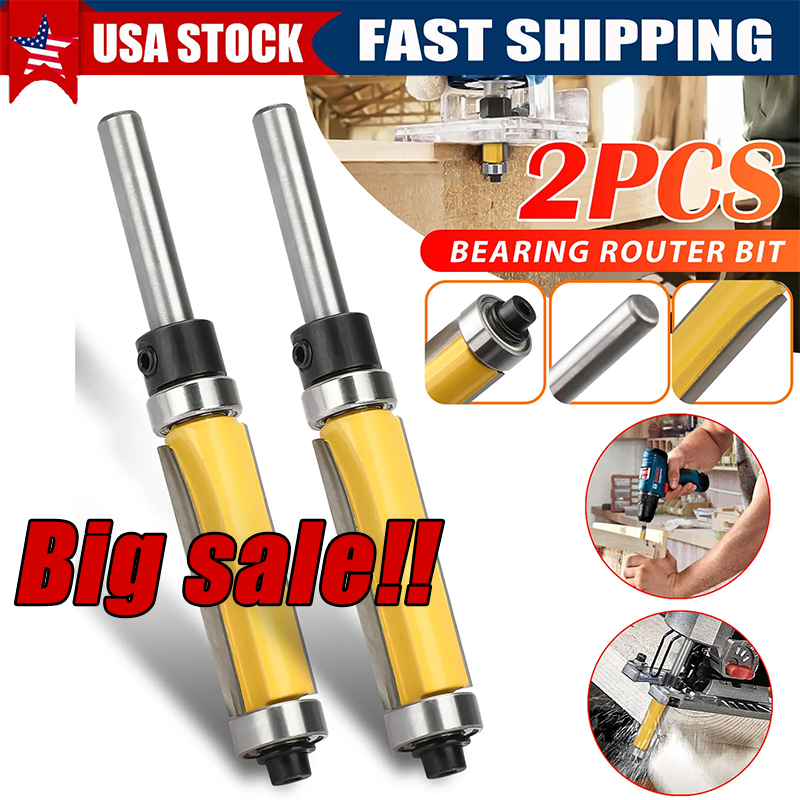 2Pcs 1-1/2" 1/4" Shank Flush Trim Top Bottom Bearing Router Bit Woodworking Tool