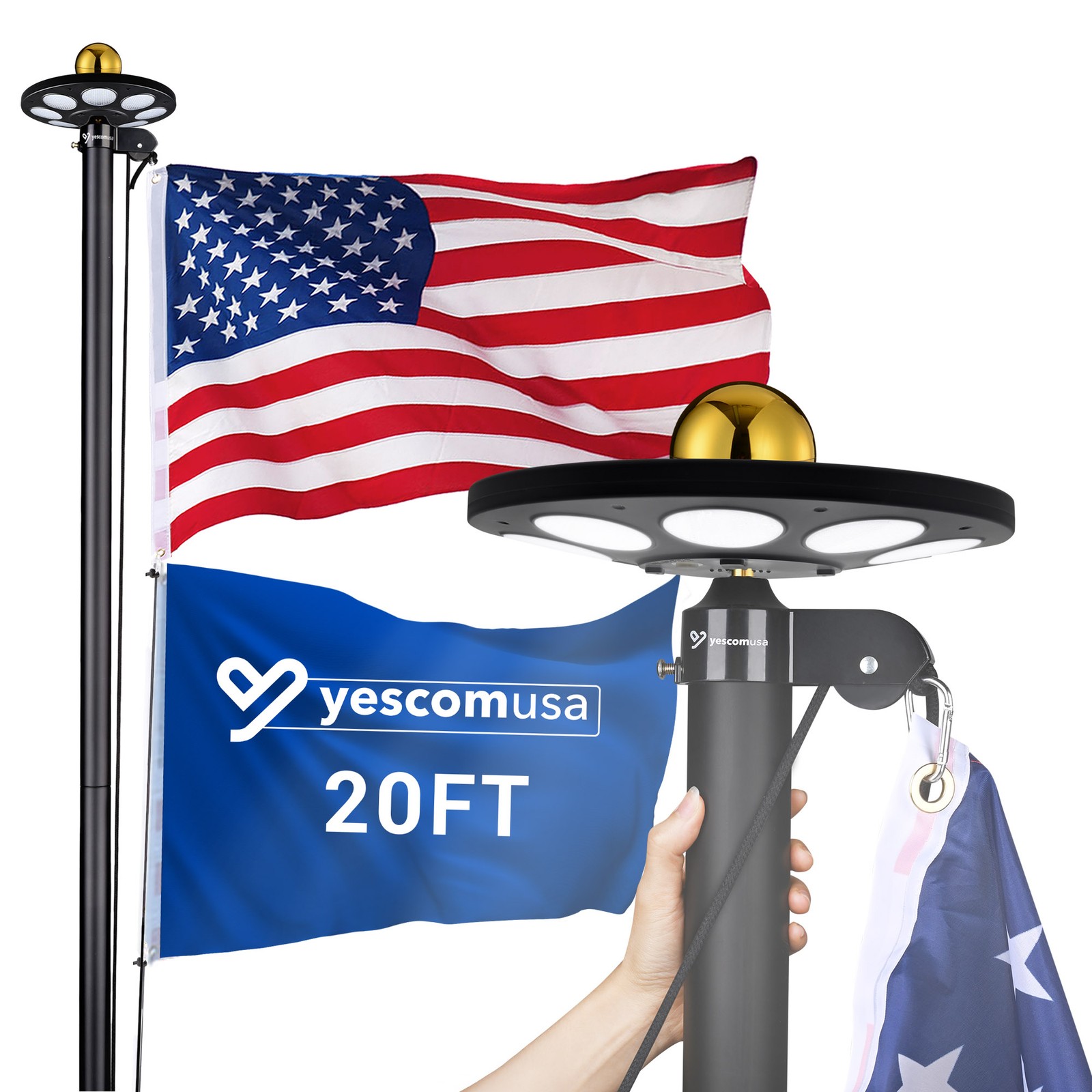 Yescom Bravery 20ft LED Solar Light Sectional Flag Pole Kit Outside Black