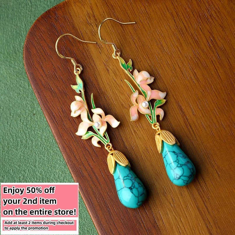 Bohemian Turquoise Gemstone Drop Earrings – Dainty Flowers 18K Gold Plated Hook