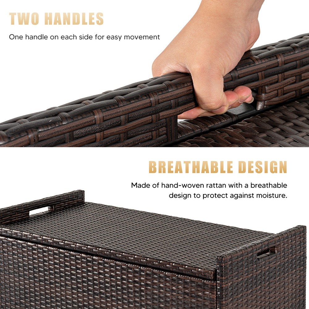WICKER DECK OUTDOOR STORAGE BOX RATTAN BENCH HAND-WOVEN WITH CUSHION 55 GALLON
