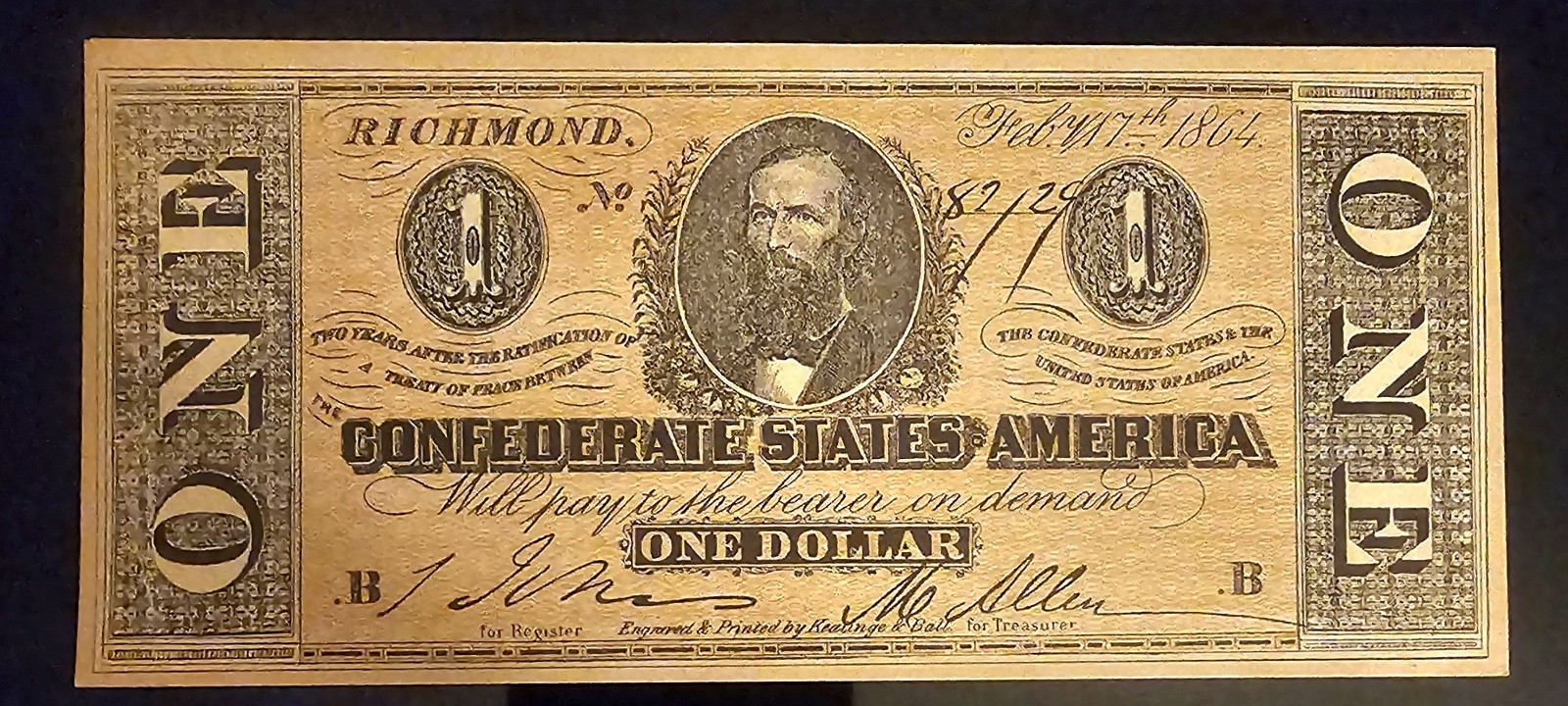 CONFEDERATE STATES OF AMERICA ONE DOLLAR BANKNOTE FACSIMILE PRISTINE CONDITION