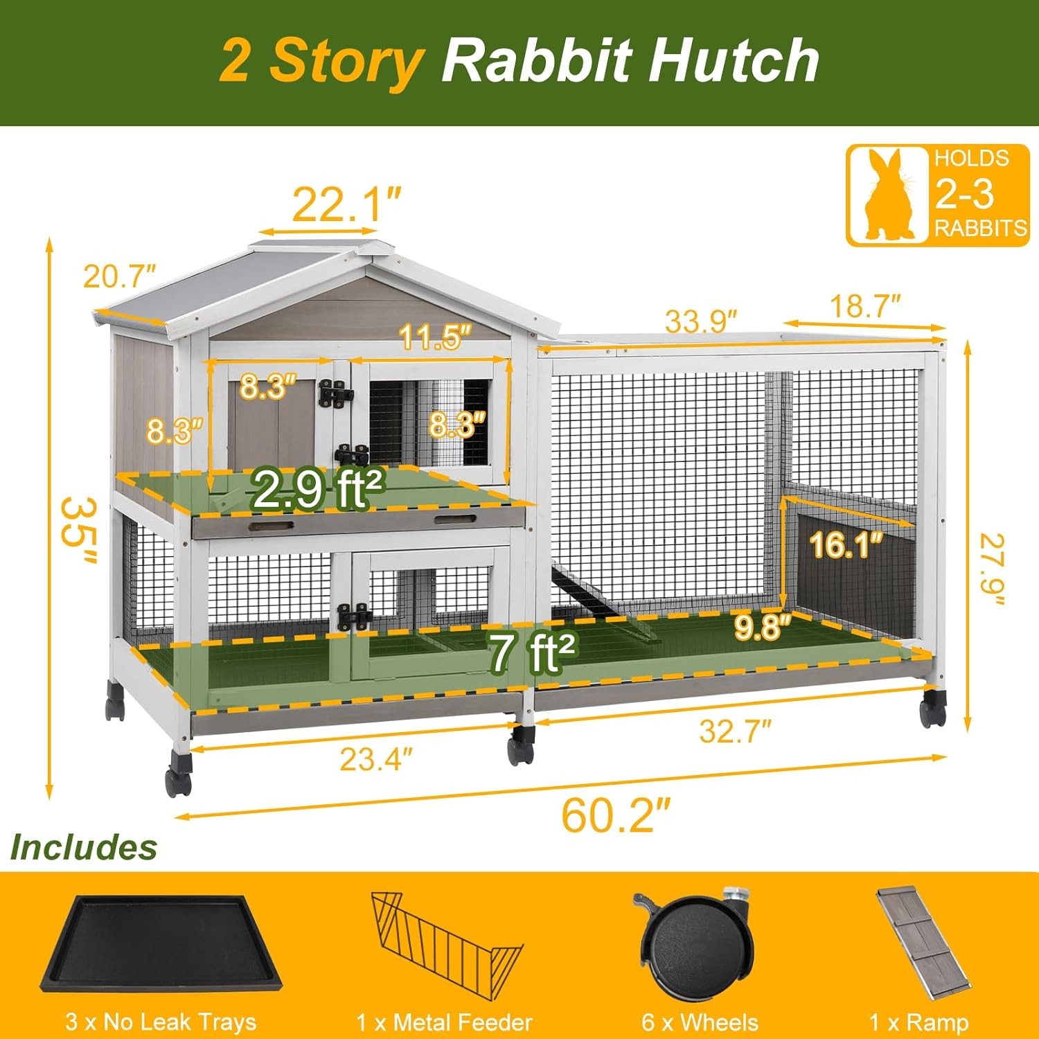 Petscosset Rabbit Hutch Outdoor Indoor Bunny Hutch 2-Story Large Rabbit Cage