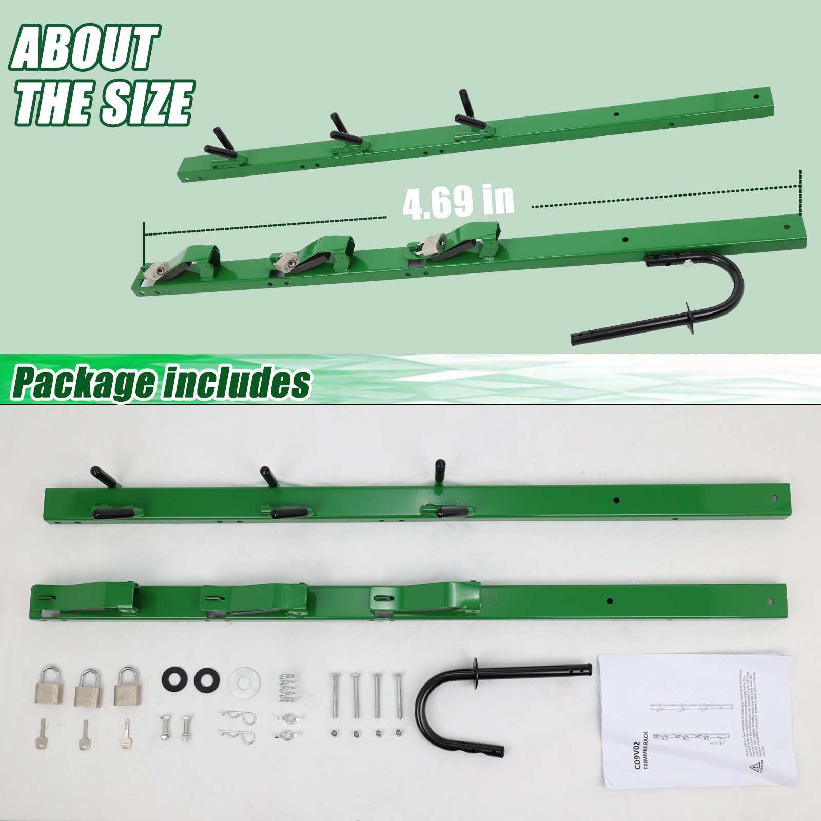 GREEN 3 Place Weedeater Trimmer Racks For OPEN Landscape Truck&Trailer w/ Lock