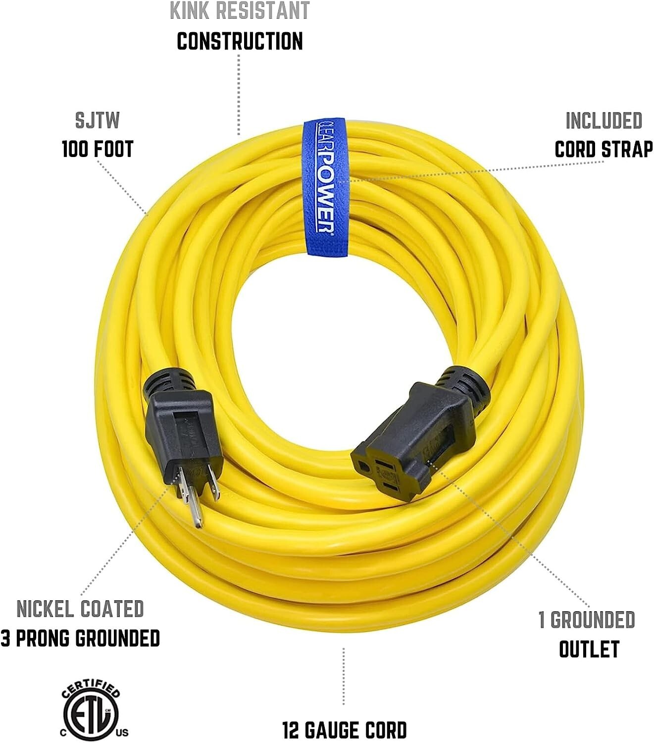 CP 100 ft 12/3 SJTW Heavy Duty Outdoor Extension Cord, 3 Prong Grounded, CP10146
