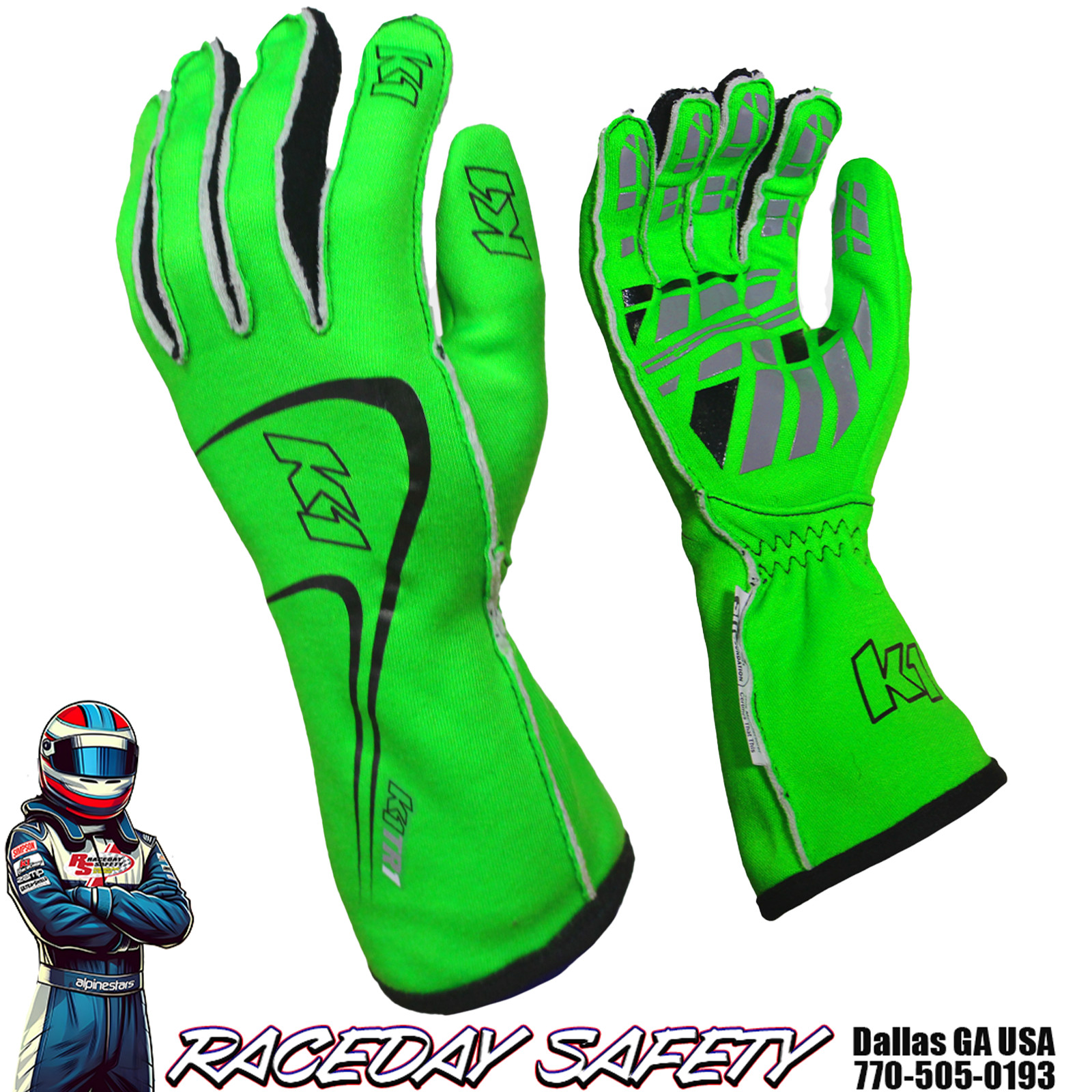 K1 RaceGear Track 1 Nomex Racing Gloves SFI 3.3/5 Fluorescent Green Kids & Adult