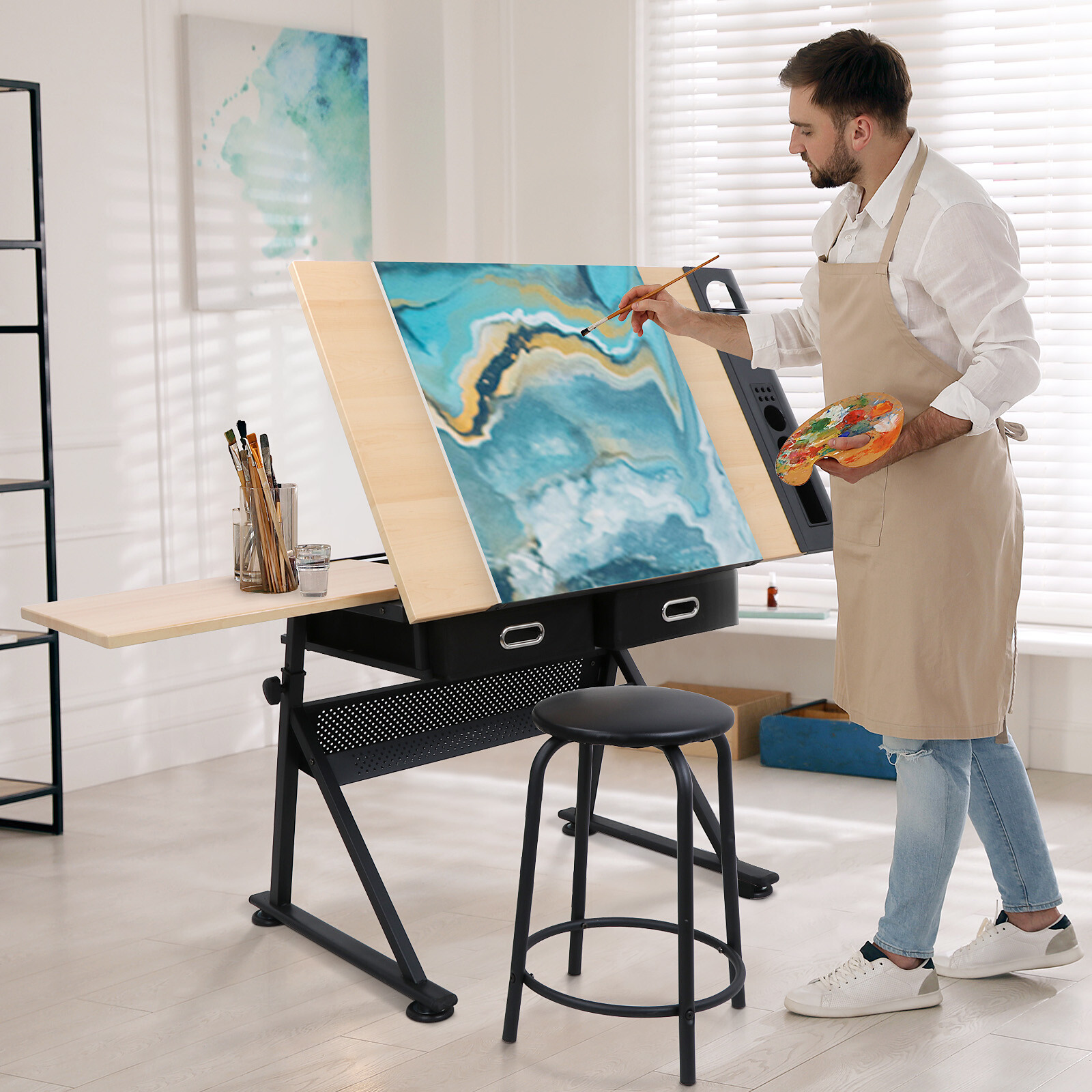 Drafting Table Art Artist Desk Drawing Table Adjustable Tilted Tabletop w/Stool