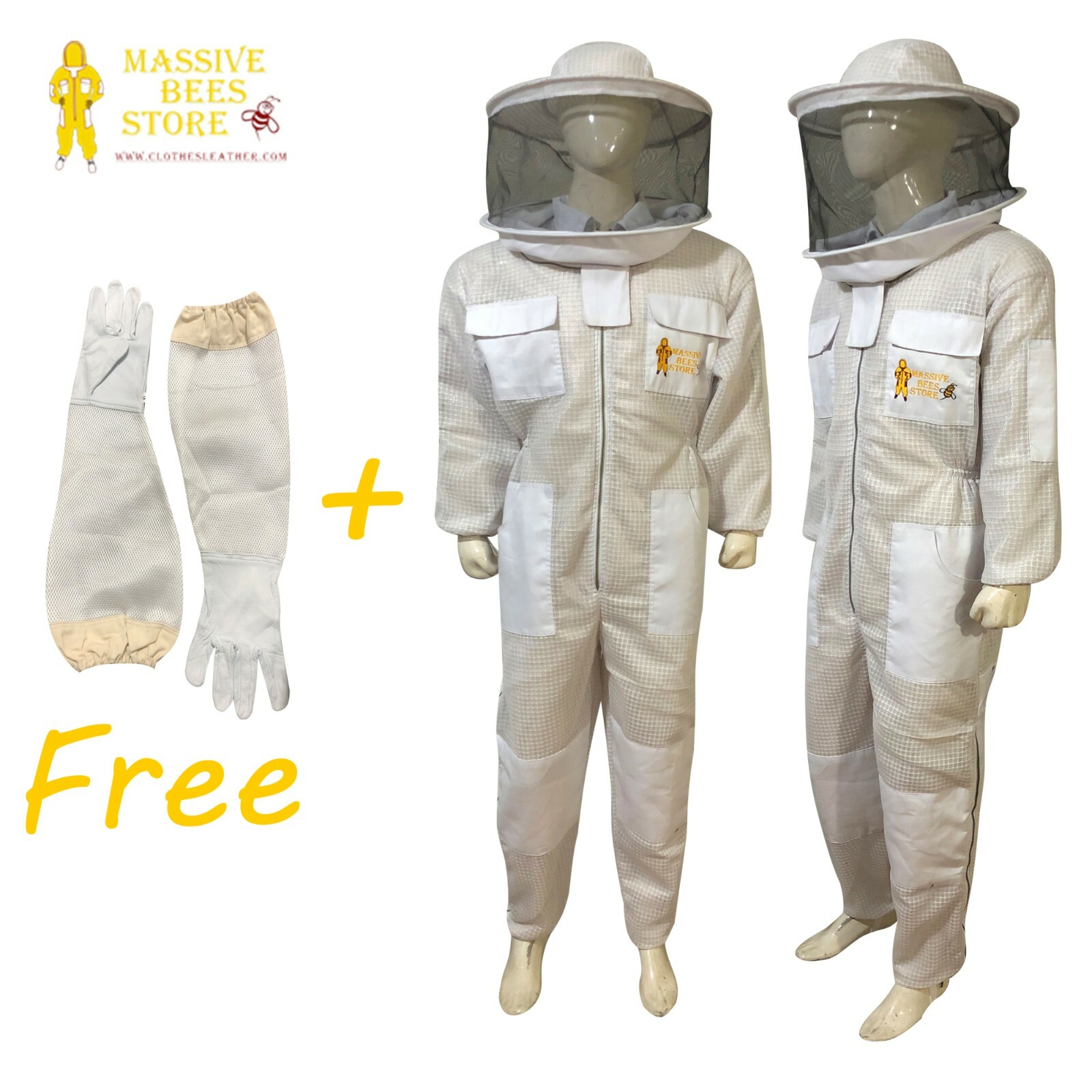 Massive bee Store Beekeeping ventilated Suit with Round and Bee Gloves in White