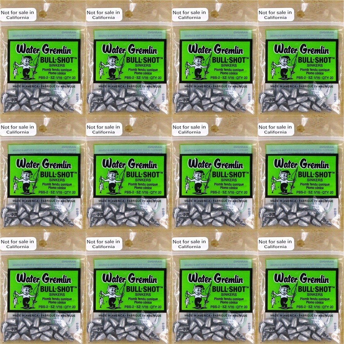 (12) Packs Water Gremlin Bullet Shaped 1/16 Oz Split-Shot Bull-Shot Sinkers New