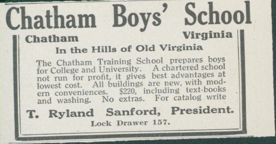 1914 Chatham Boys School Virginia T Ryland Sanford President Ad CO8